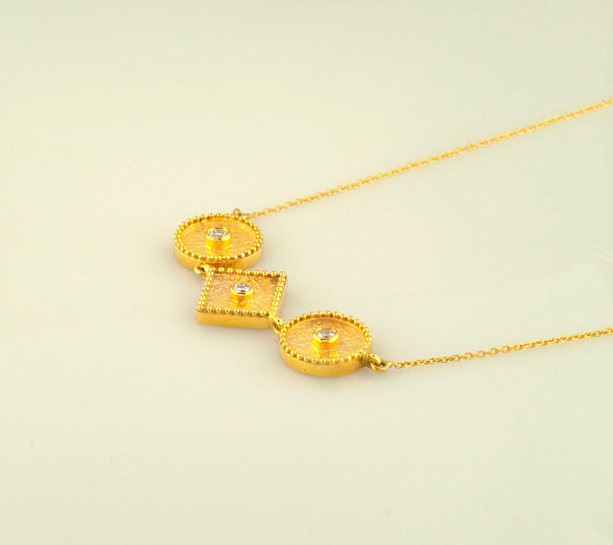 Georgios Collections 18 Karat Yellow Gold Diamond Three Stone Pendant Necklace For Sale 4