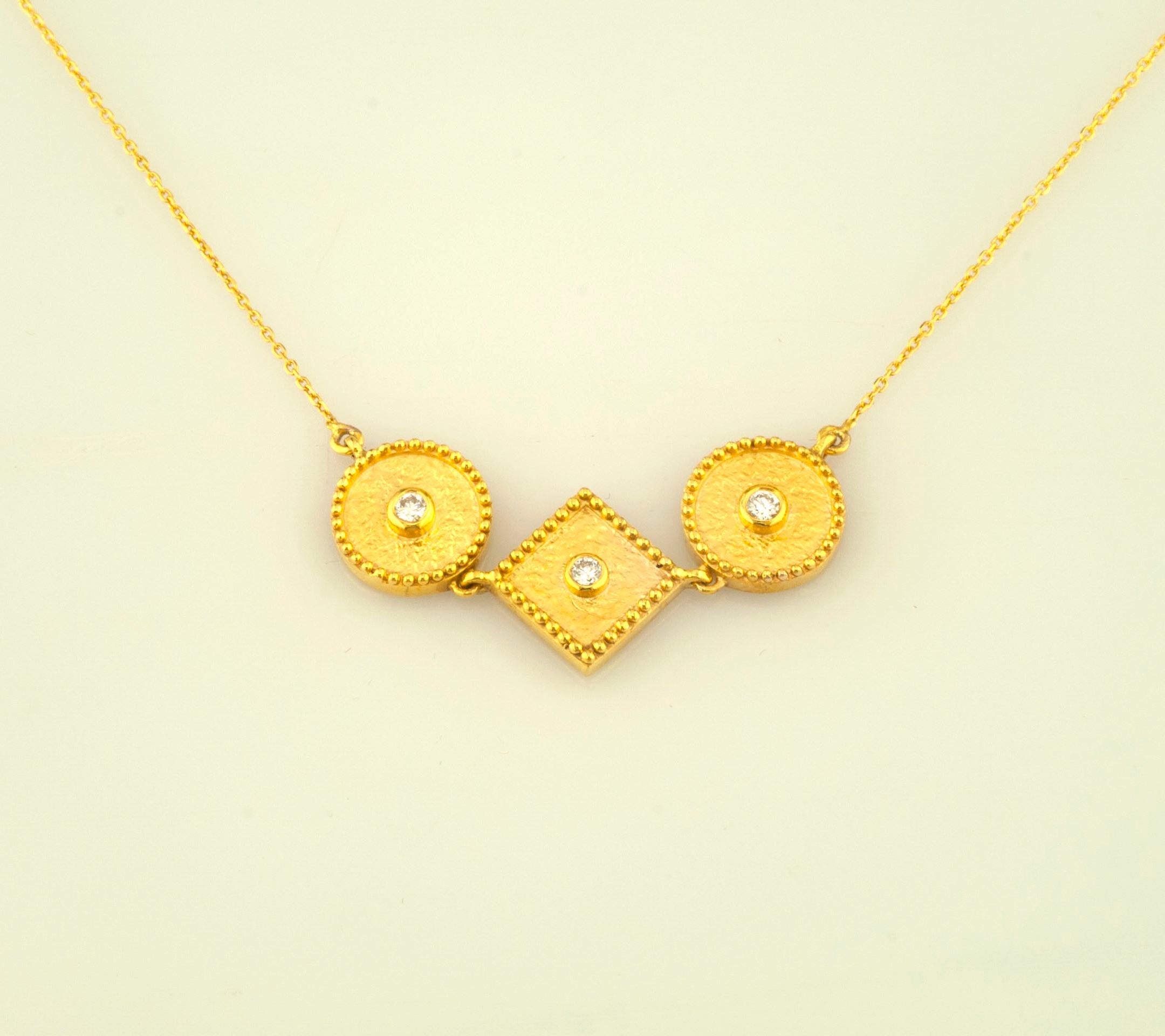 Contemporary Georgios Collections 18 Karat Yellow Gold Diamond Three Stone Pendant Necklace For Sale