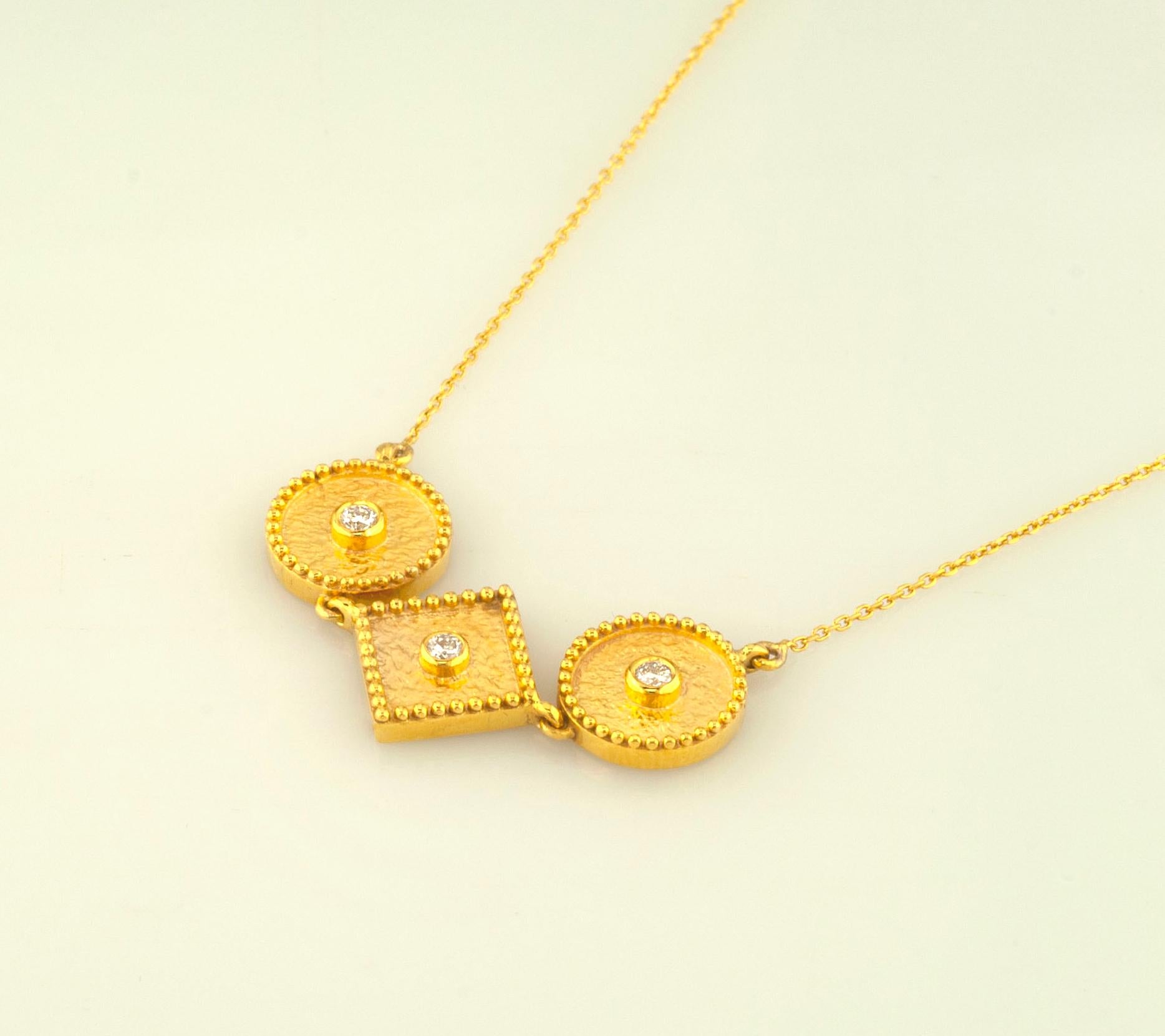 Women's Georgios Collections 18 Karat Yellow Gold Diamond Three Stone Pendant Necklace For Sale