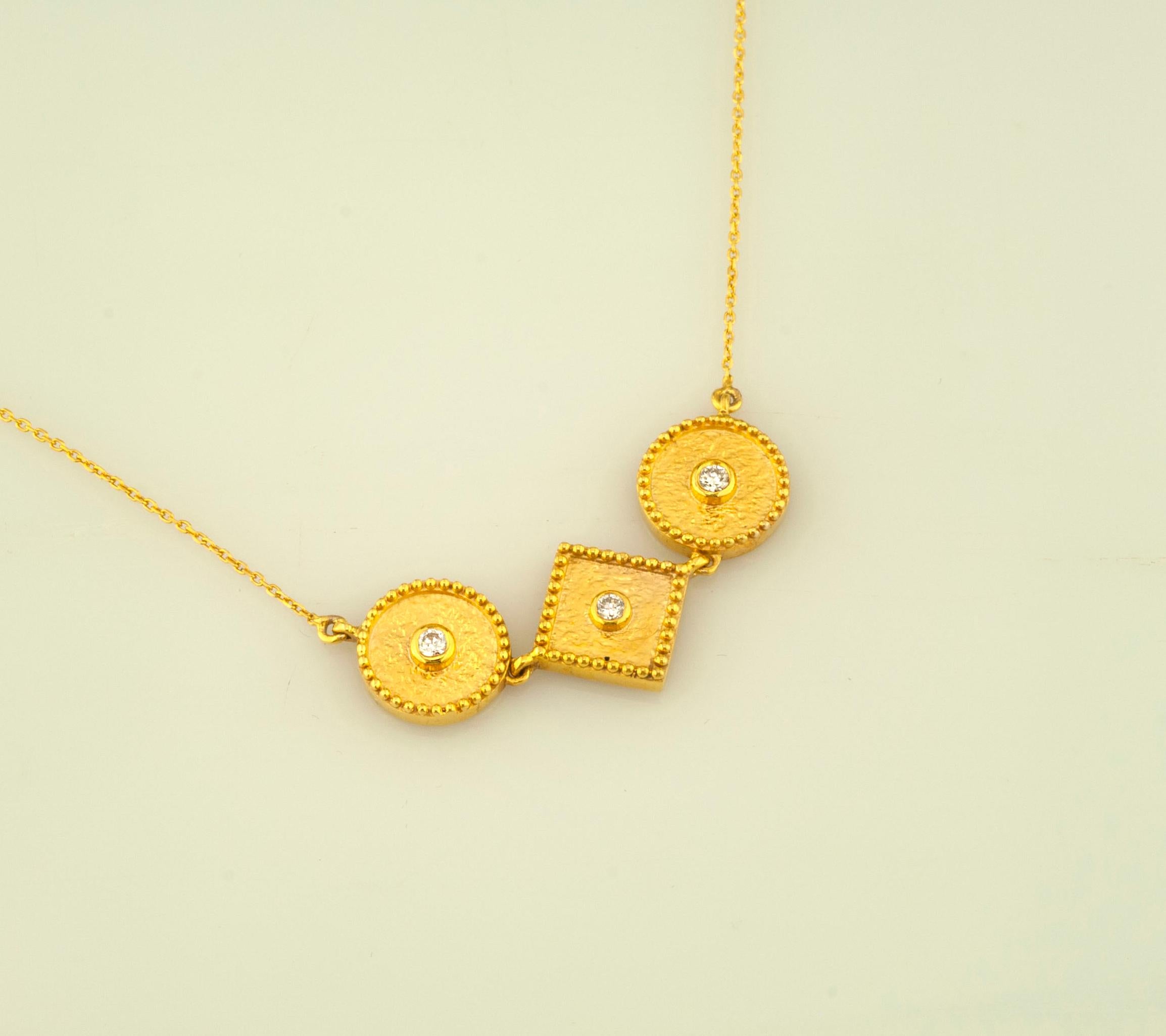 Georgios Collections 18 Karat Yellow Gold Diamond Three Stone Pendant Necklace For Sale 3