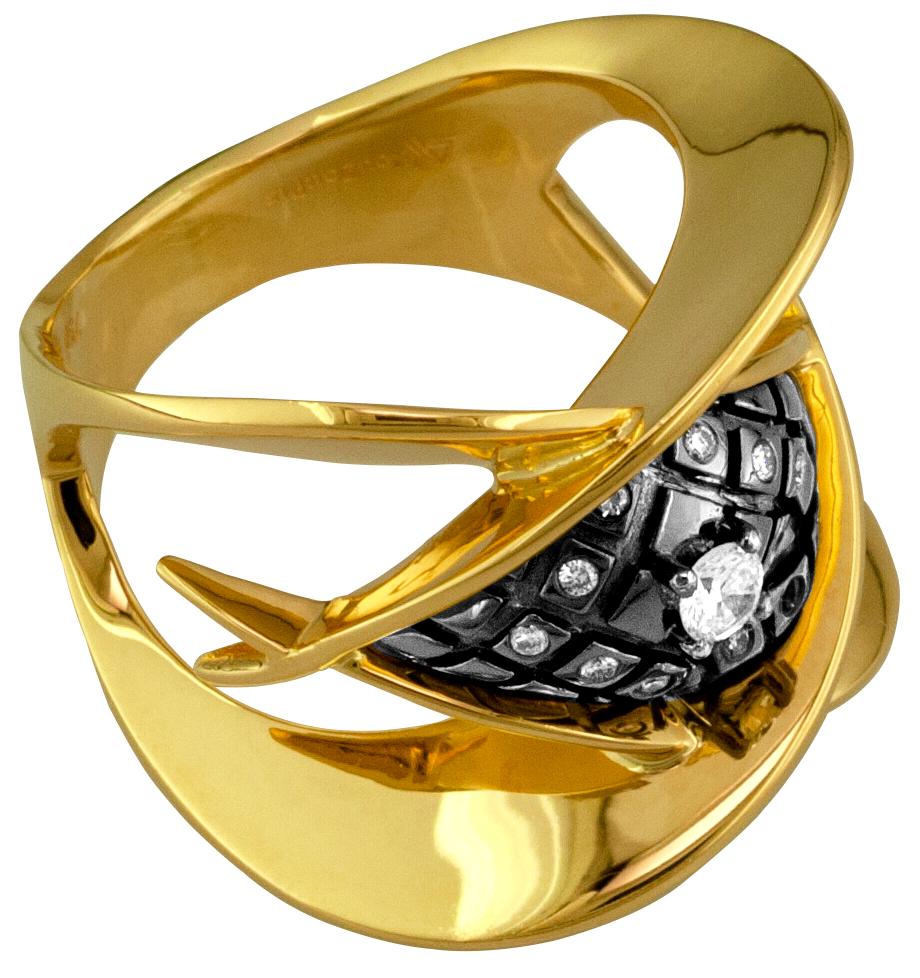 S. Georgios 18 Karat Yellow Gold Diamond Ring all Designed with Architectural precision. This gorgeous Ring is unique as a design and features White Brilliant cut Diamonds total weight of 0,16 Carat and Black Rhodium prongs and background done under