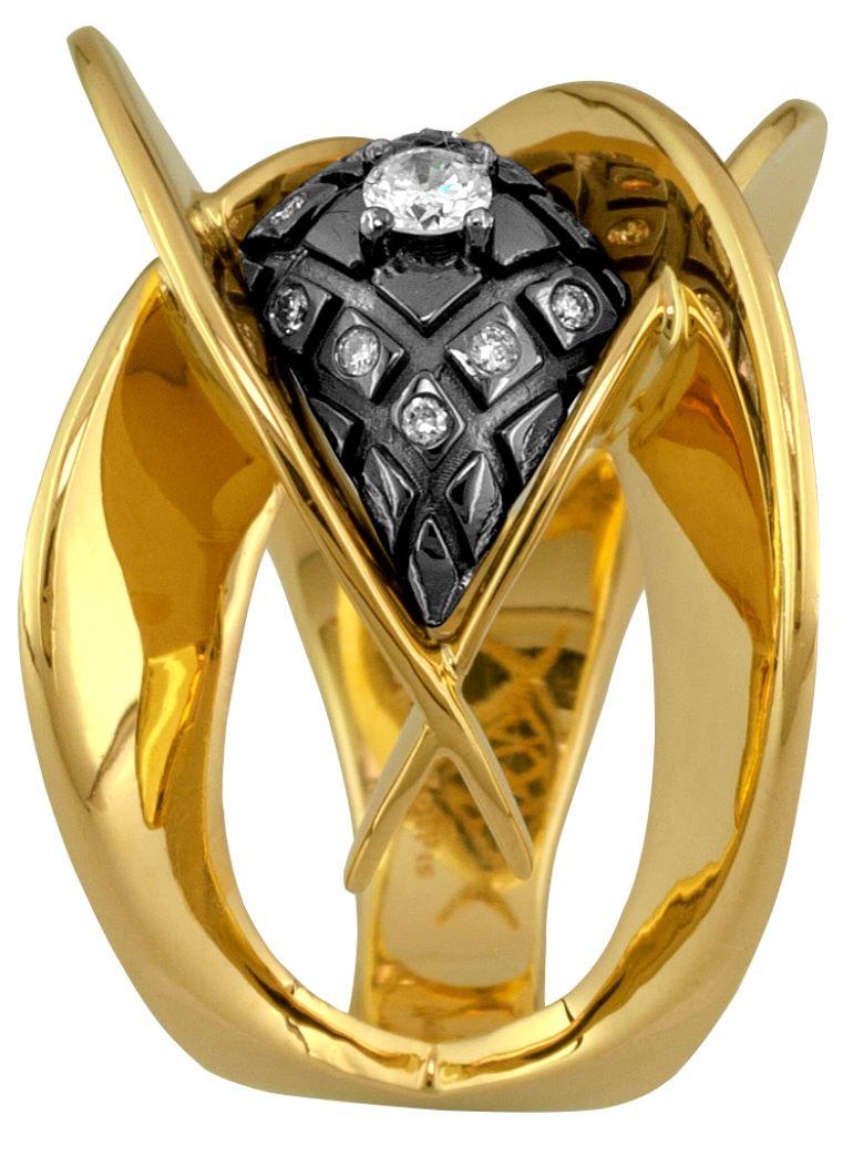 Round Cut Georgios Collections 18 Karat Yellow Gold Diamond Two-Tone Black Rhodium Ring For Sale