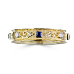 Georgios Collections 18 Karat Yellow Gold Diamond Unisex Band Ring with Sapphire