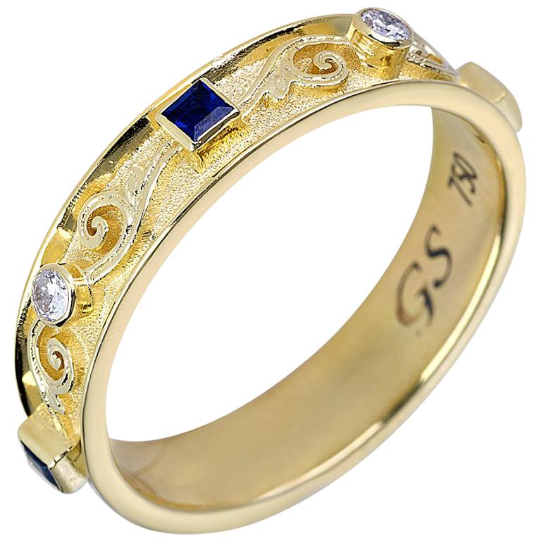 Georgios Collections 18 Karat Yellow Gold Diamond Unisex Band Ring with Sapphire For Sale