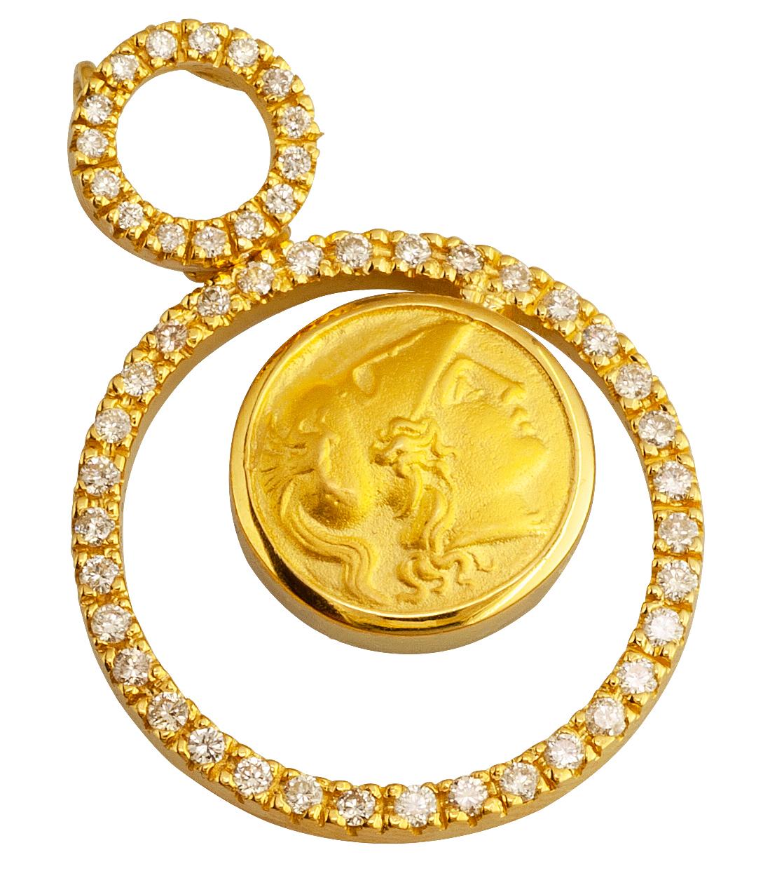 This S.Georgios designer 18 Karat Gold Diamond Athena Coin Pendant Necklace is all hand made. It features two bezels with Brilliant Cut White Diamonds total weight of 0.84 Carat in a unique design. The coin is a replica from the original Athena coin
