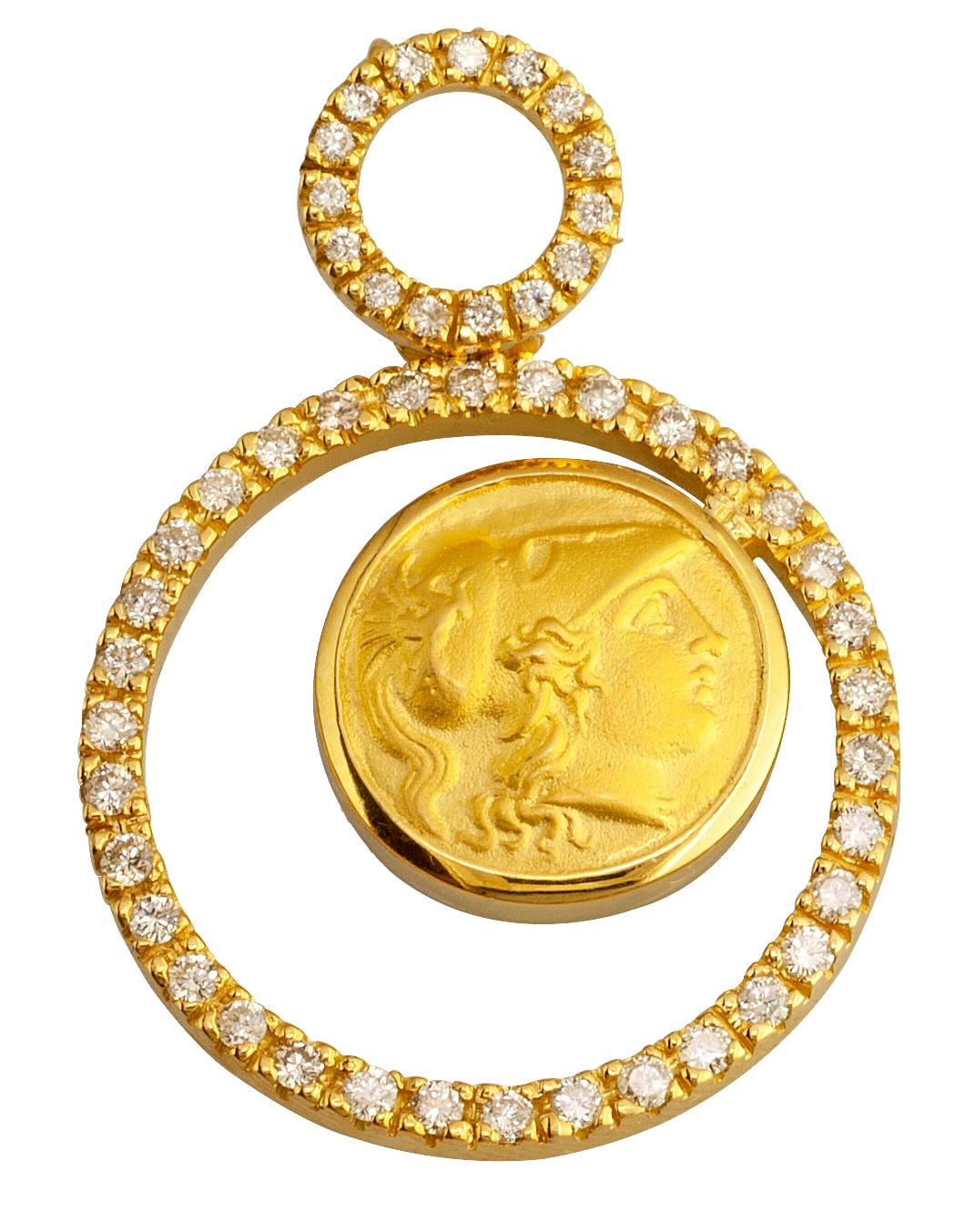 Georgios Collections 18 Karat Yellow Gold Diamonds Athena Coin Pendant Necklace For Sale 3