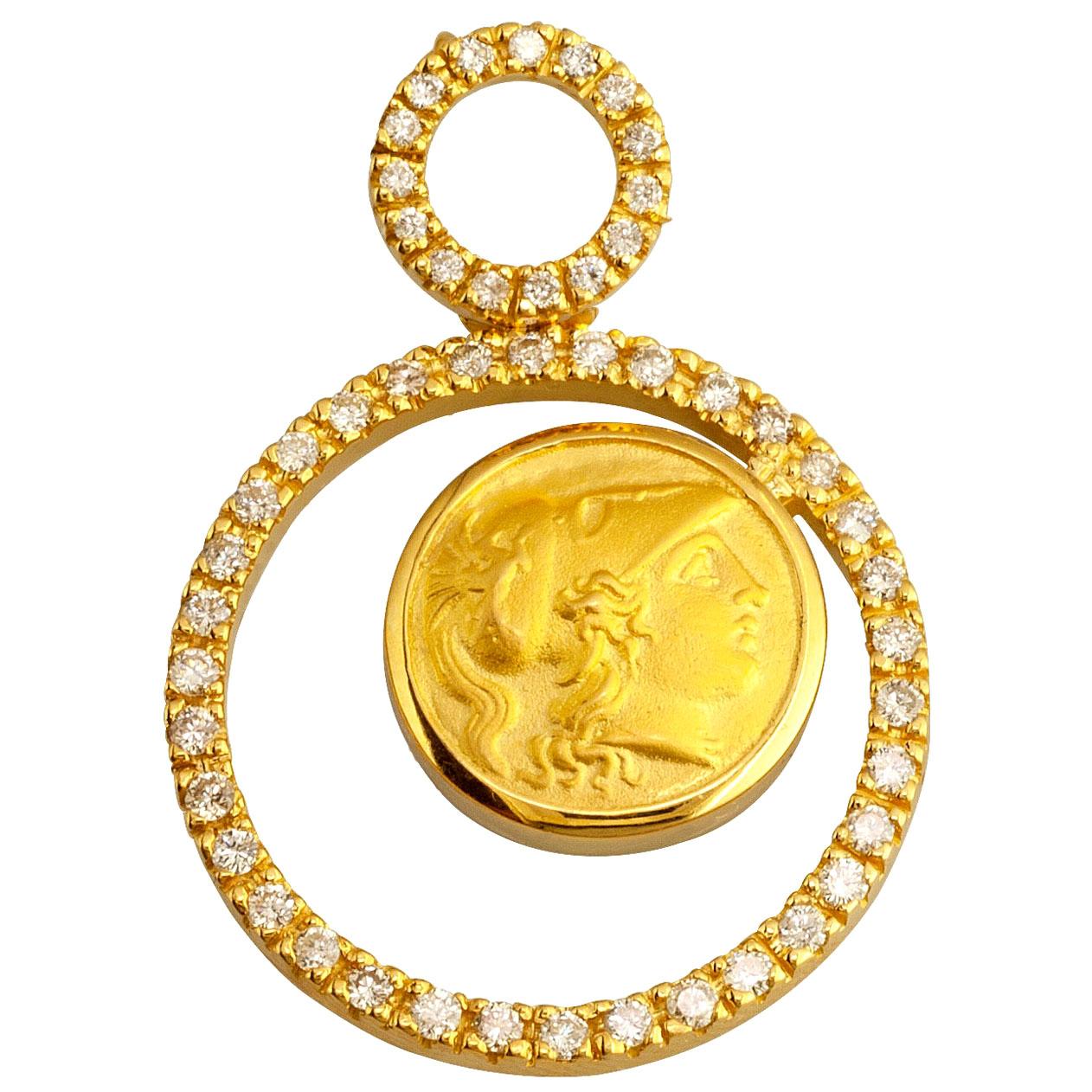 Georgios Collections 18 Karat Yellow Gold Diamonds Athena Coin Pendant Necklace For Sale