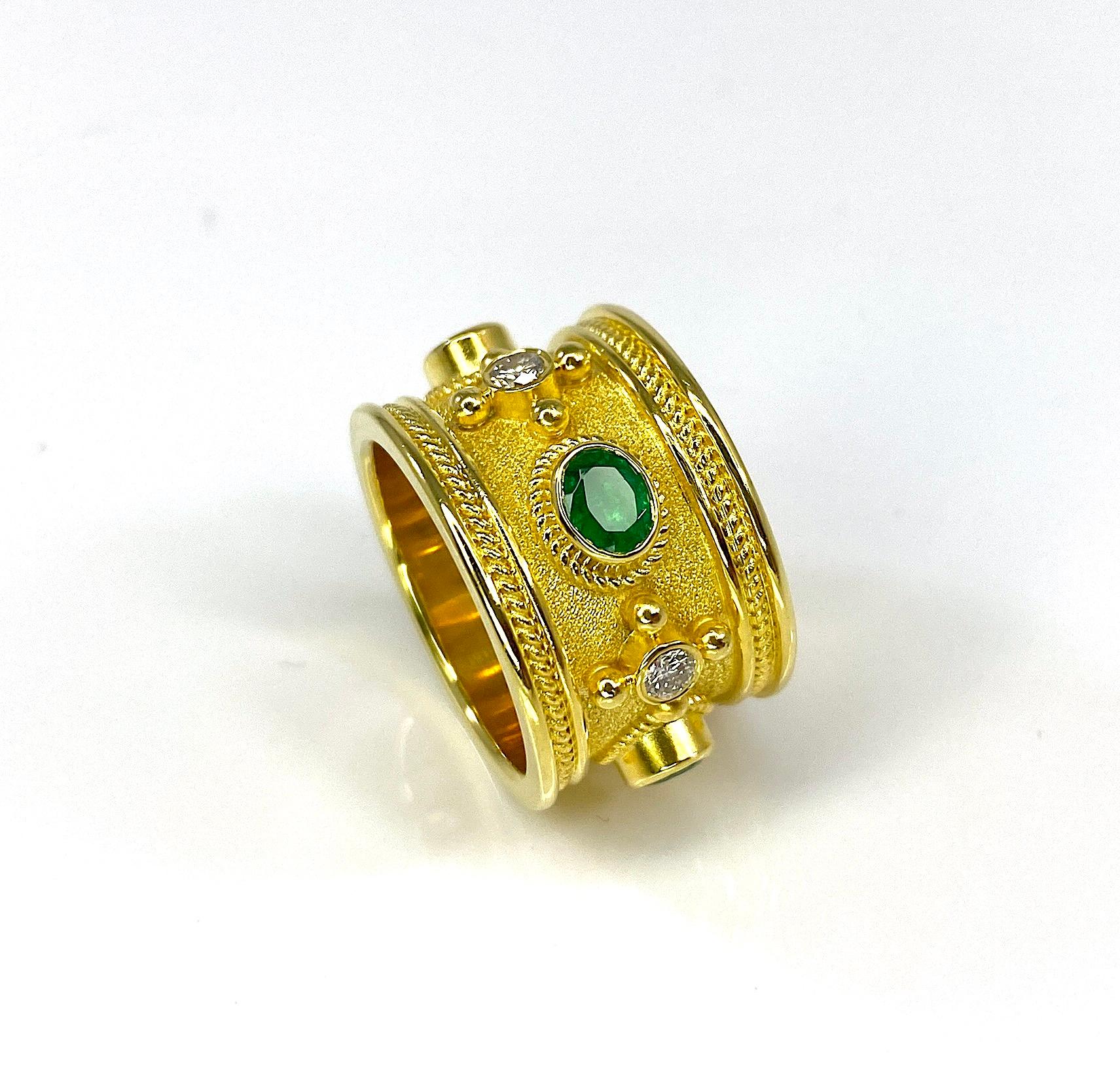 Oval Cut Georgios Collections 18 Karat Yellow Gold Emerald and Diamond Band Ring For Sale