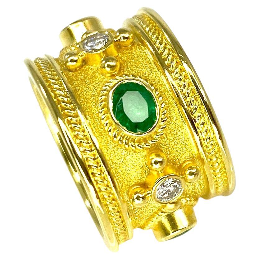 Georgios Collections 18 Karat Yellow Gold Emerald and Diamond Band Ring For Sale