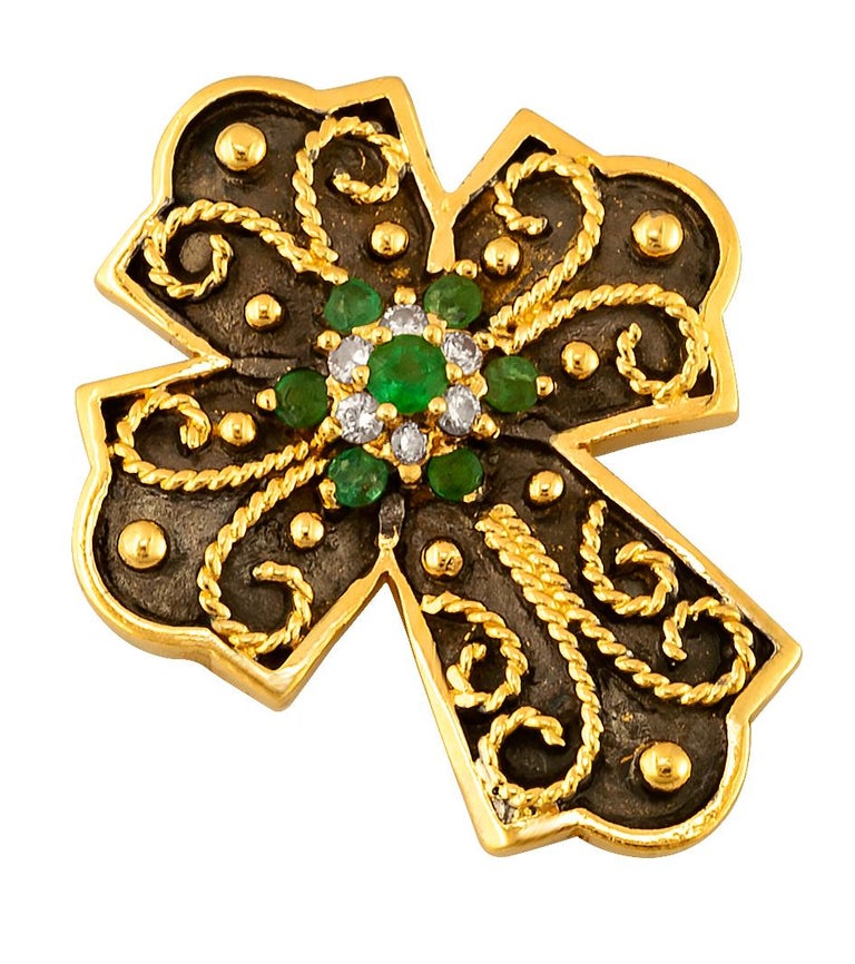 Byzantine Georgios Collections 18 Karat Yellow Gold Emerald and Diamond Two-Tone Cross For Sale