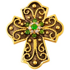 Vintage Georgios Collections 18 Karat Yellow Gold Emerald and Diamond Two-Tone Cross