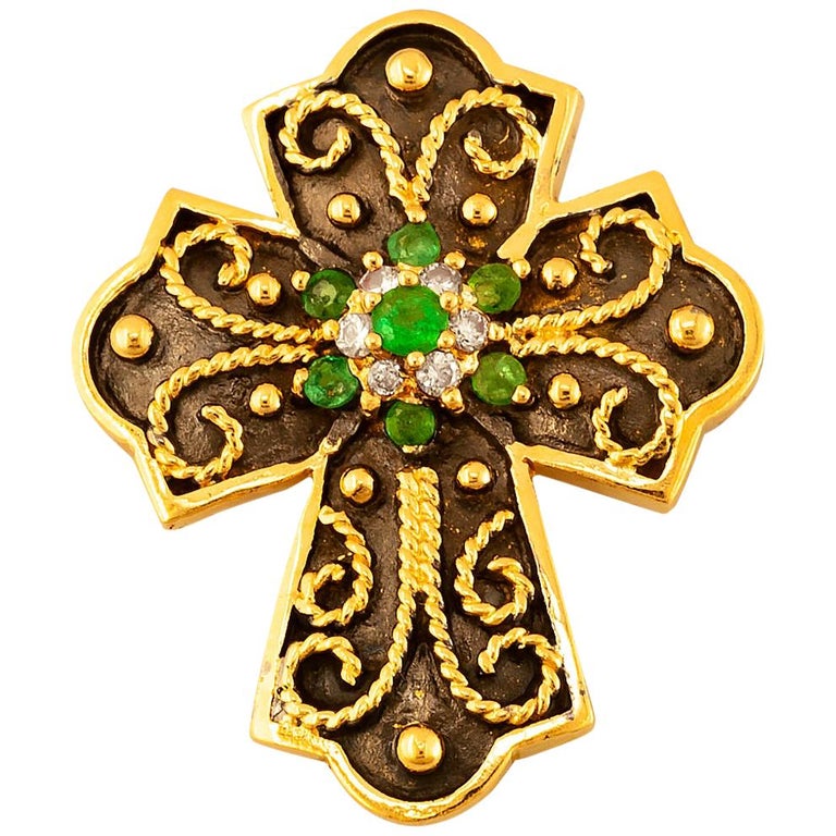 Georgios Collections 18 Karat Yellow Gold Emerald and Diamond Two-Tone Cross For Sale