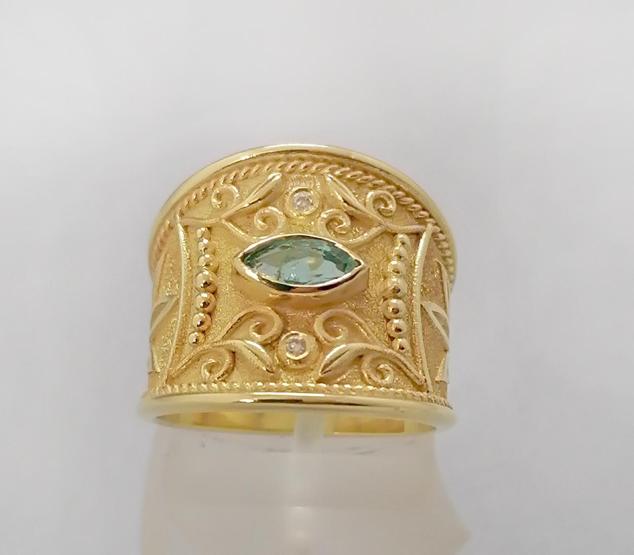 Georgios Collections 18 Karat Yellow Gold Emerald and Diamond Wide Band Ring In New Condition For Sale In Astoria, NY