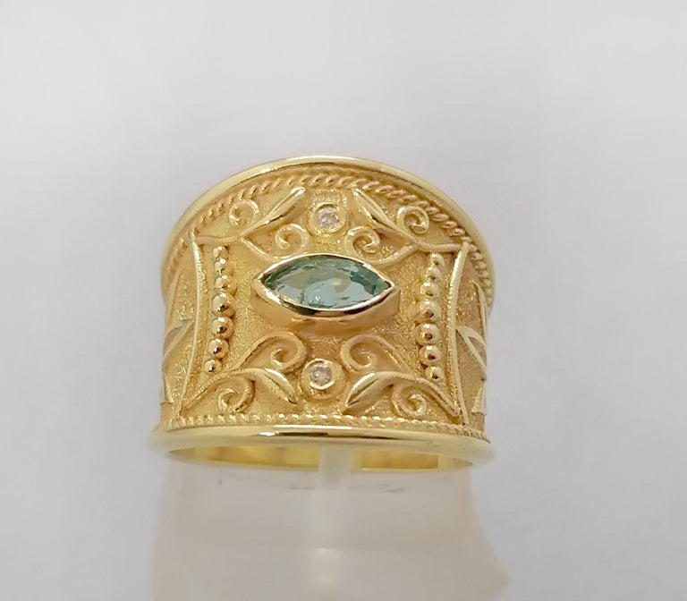 Georgios Collections 18 Karat Yellow Gold Emerald and Diamond Wide Band Ring For Sale 1