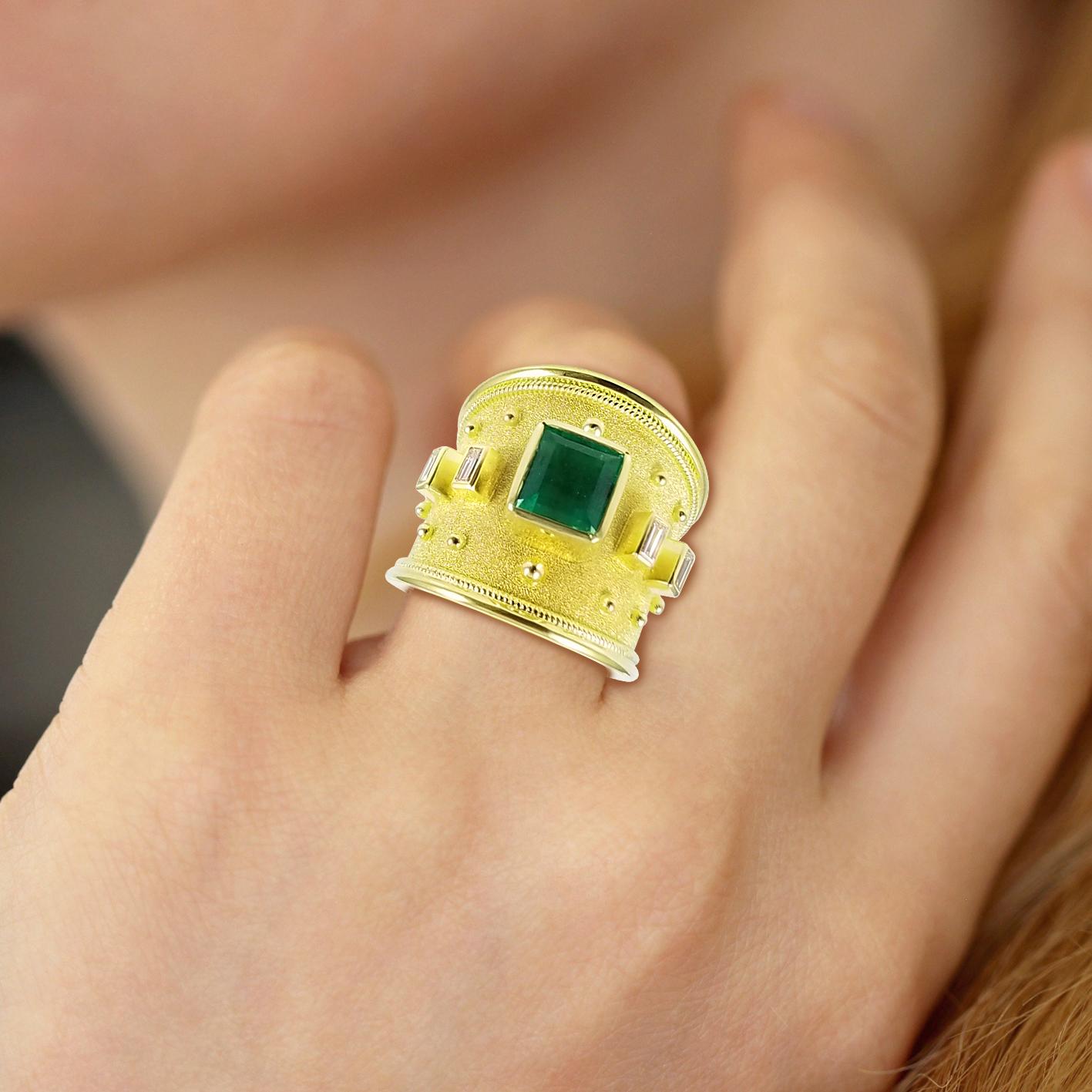 Georgios Collections 18 Karat Yellow Gold Emerald Ring and Emerald Cut Diamonds In New Condition For Sale In Astoria, NY