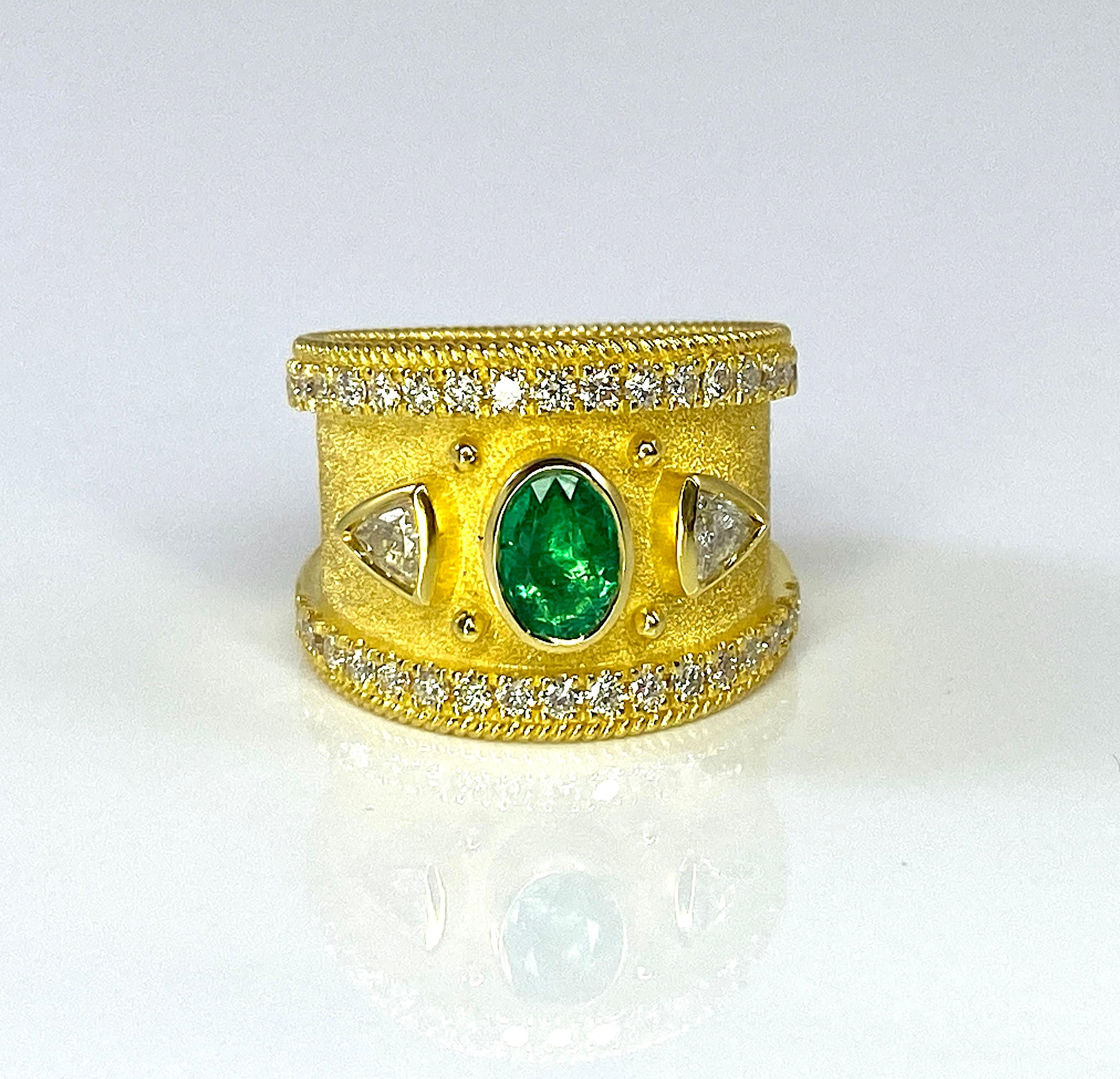 Byzantine Georgios Collections 18 Karat Yellow Gold Emerald and Trillium Diamond Ring For Sale