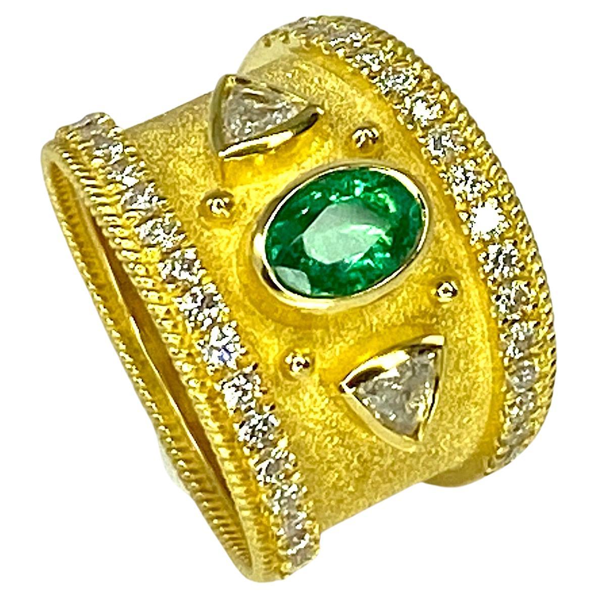 Georgios Collections 18 Karat Yellow Gold Emerald and Trillium Diamond Ring For Sale