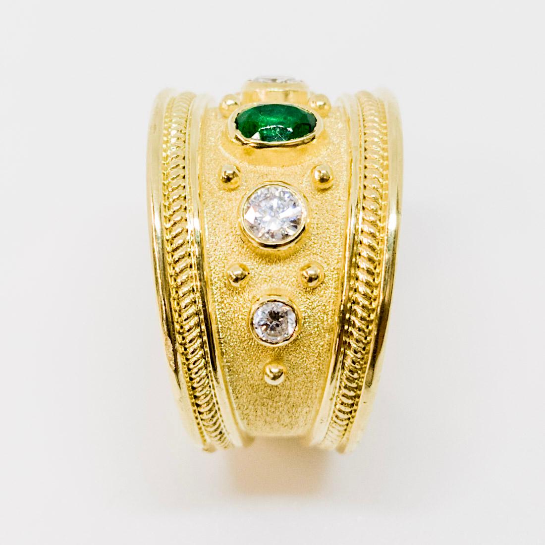 Byzantine Georgios Collections 18 Karat Yellow Gold Emerald and White Diamond Ring For Sale