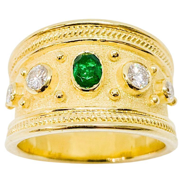 Georgios Collections 18 Karat Yellow Gold Emerald and White Diamond Ring For Sale