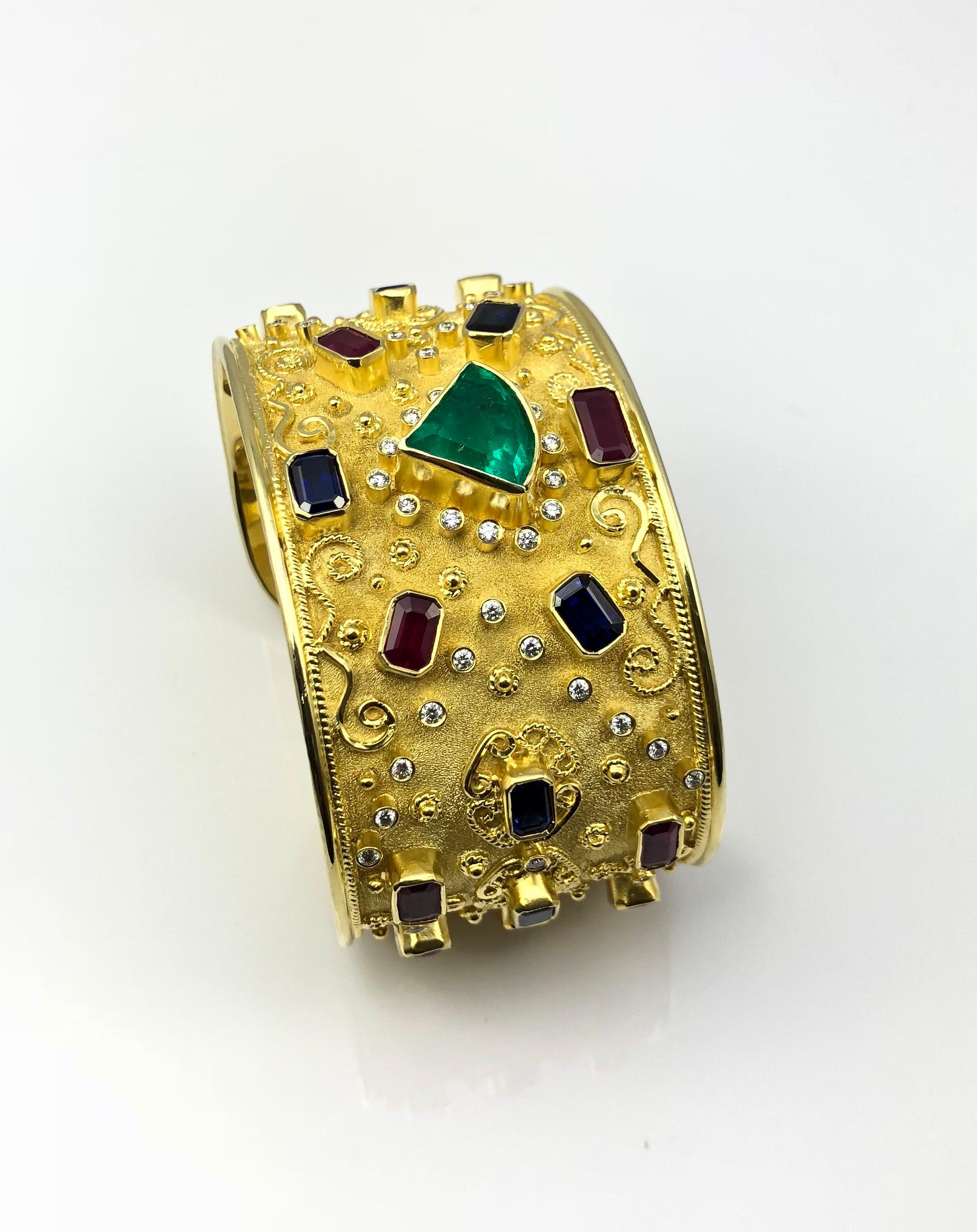 Byzantine Georgios Collections 18 Karat Yellow Gold Emerald Ruby Sapphire Diamond Bracelet For Sale