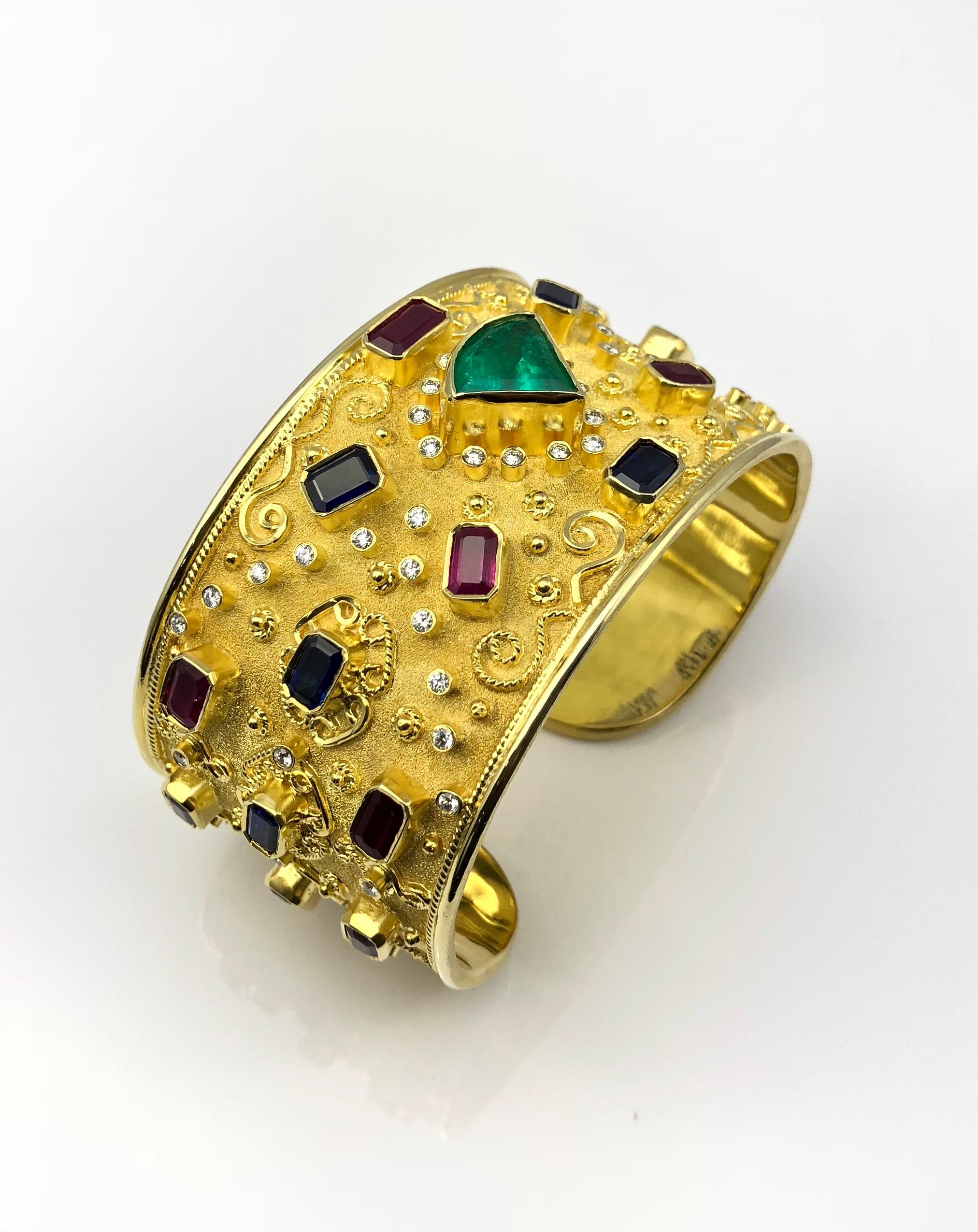 Georgios Collections 18 Karat Yellow Gold Emerald Ruby Sapphire Diamond Bracelet In New Condition For Sale In Astoria, NY
