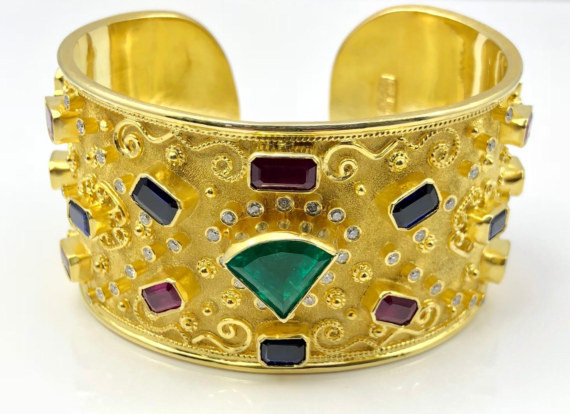 Women's Georgios Collections 18 Karat Yellow Gold Emerald Ruby Sapphire Diamond Bracelet For Sale