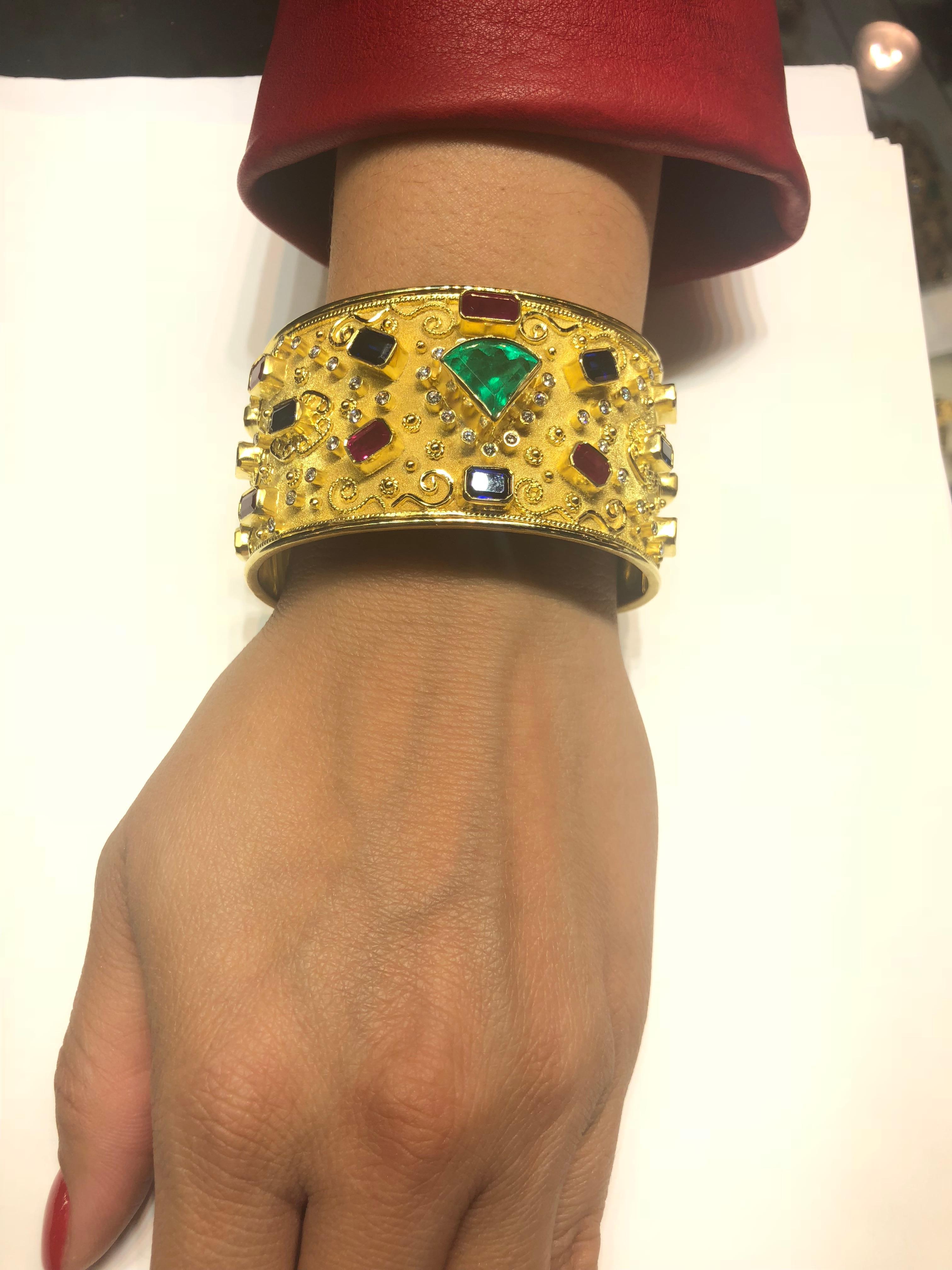 Georgios Collections 18 Karat Yellow Gold Emerald Ruby Sapphire Diamond Bracelet For Sale 1
