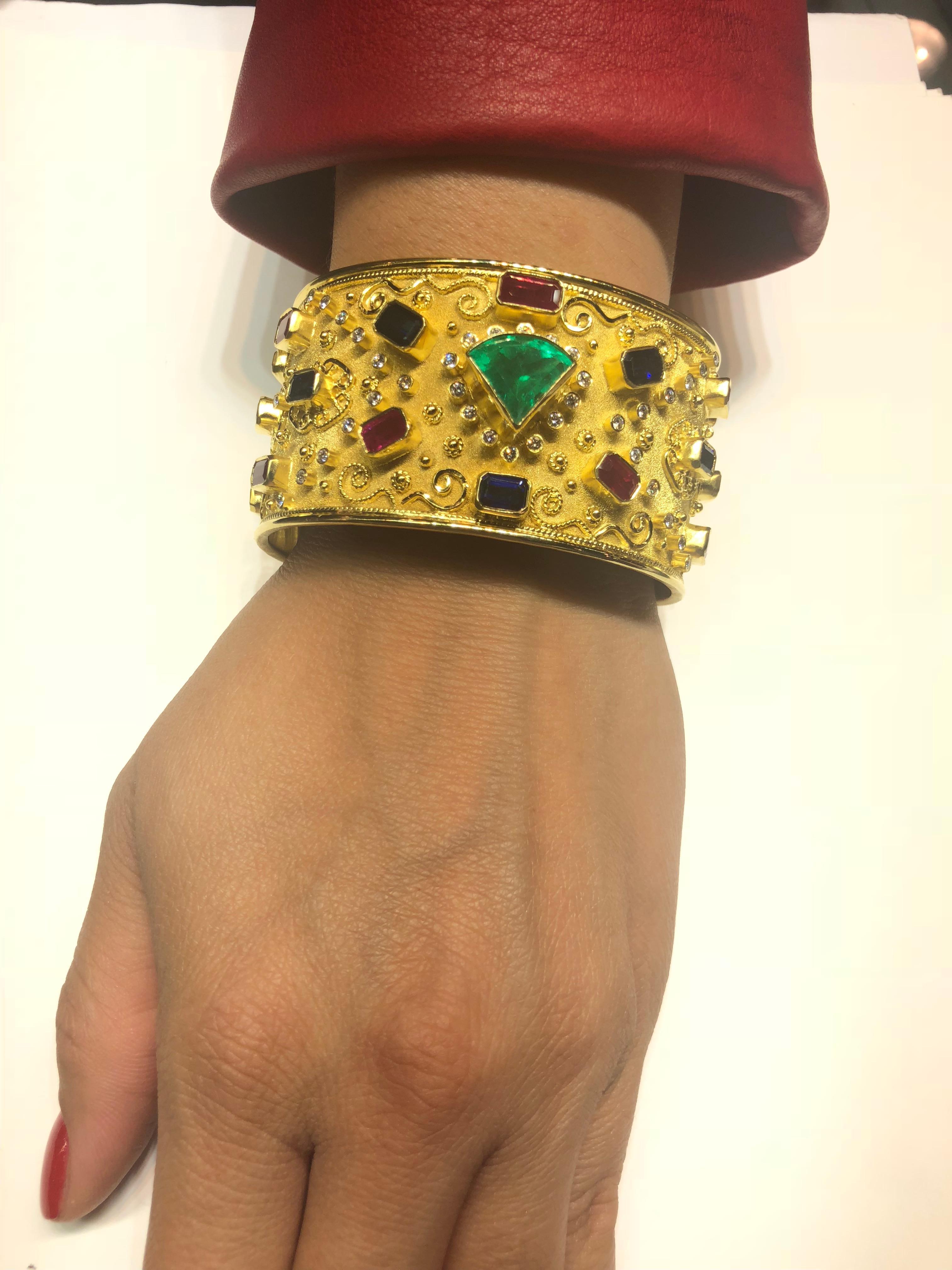 Georgios Collections 18 Karat Yellow Gold Emerald Ruby Sapphire Diamond Bracelet For Sale 2