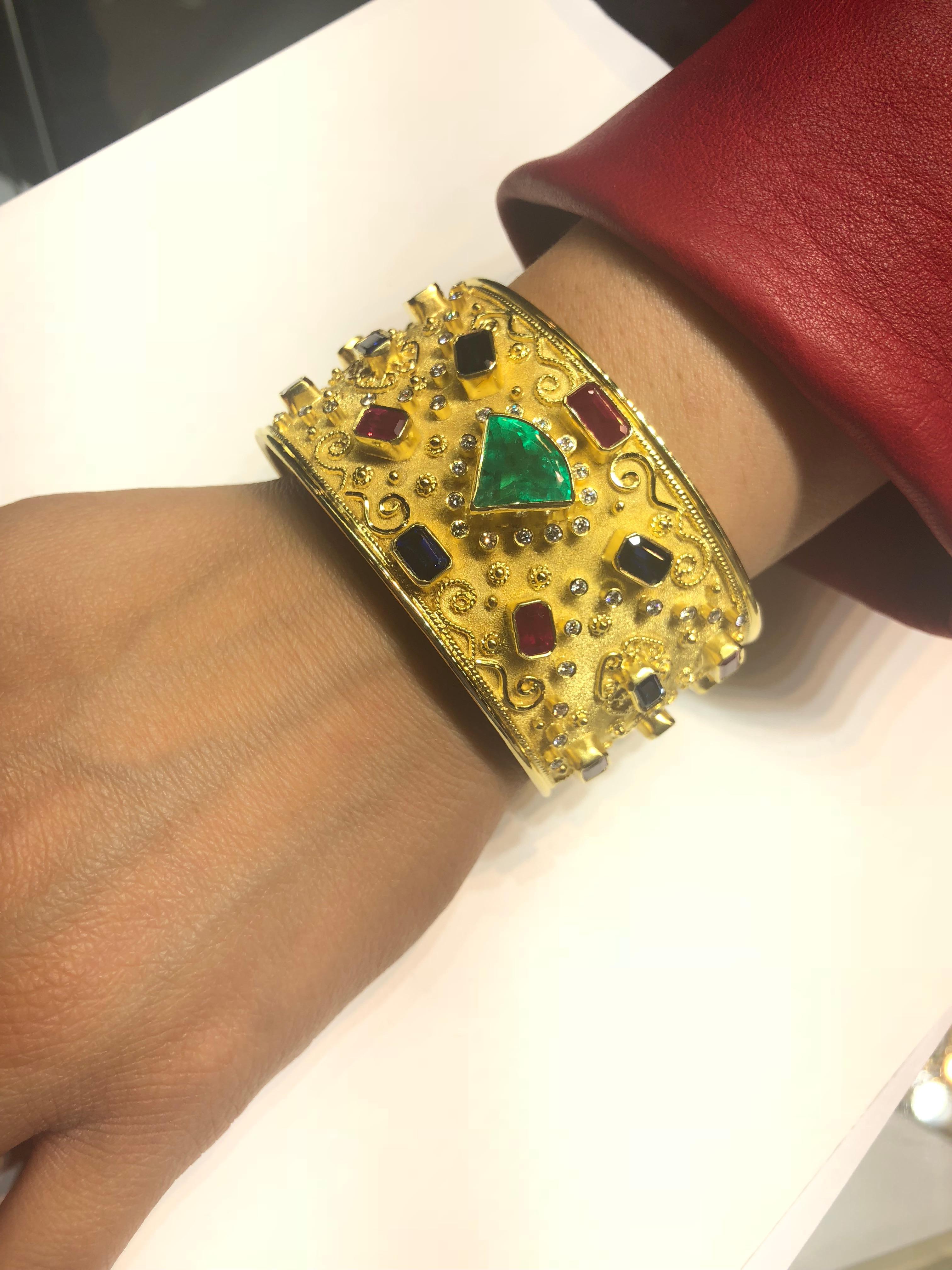 Trillion Cut Georgios Collections 18 Karat Yellow Gold Emerald Ruby Sapphire Diamond Bracelet For Sale