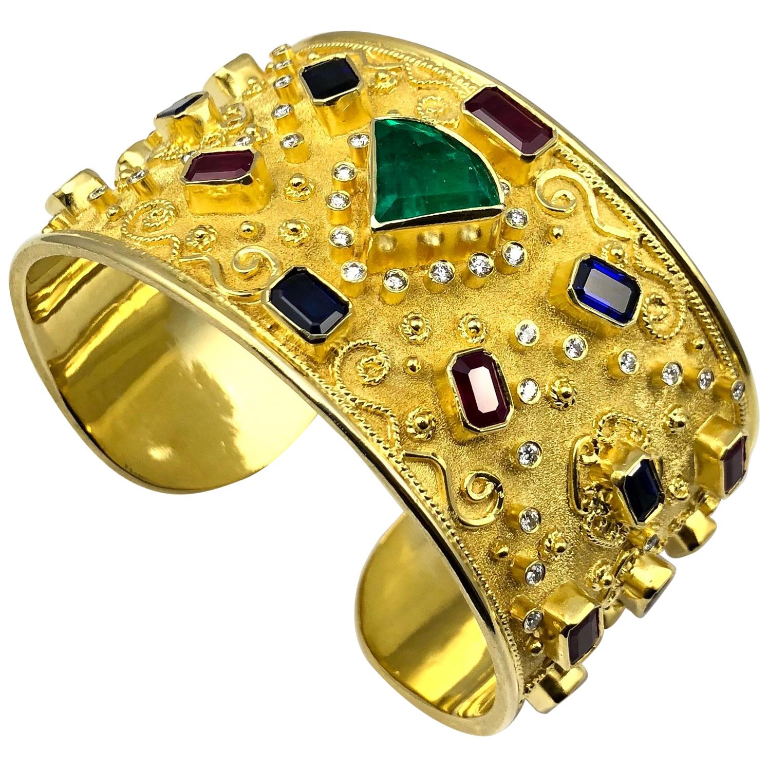 Georgios Collections 18 Karat Yellow Gold Emerald Ruby Sapphire Diamond Bracelet