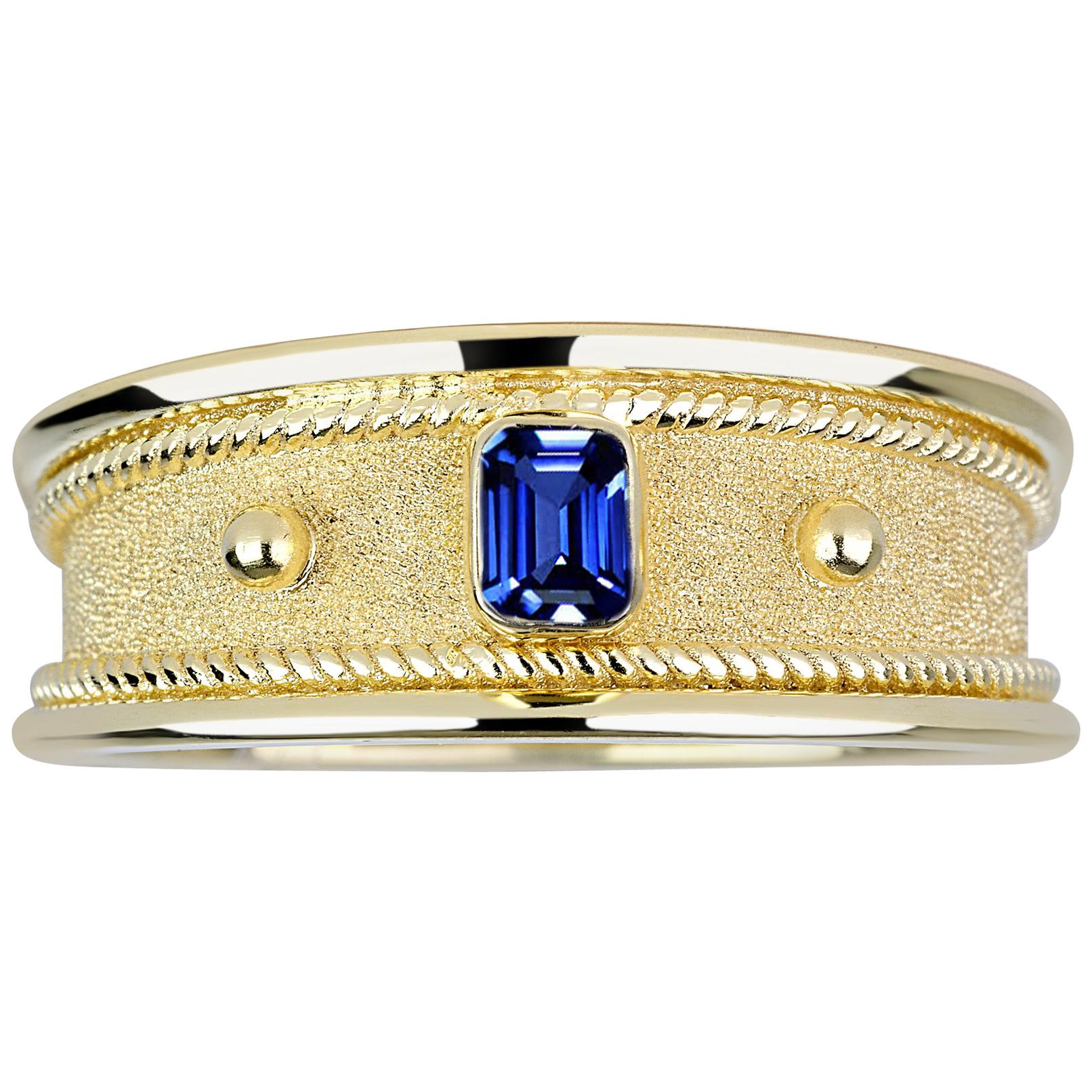 Georgios Collections 18 Karat Yellow Gold Emerald Cut Sapphire Unisex Band Ring For Sale