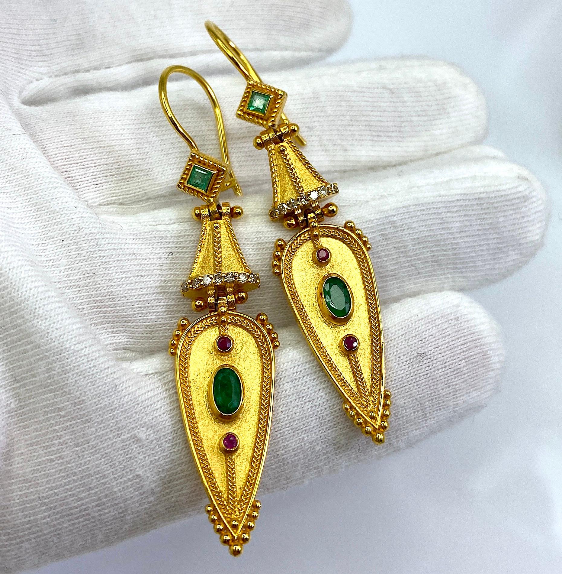 Byzantine Georgios Collections 18 Karat Yellow Gold Emerald Diamond and Ruby Drop Earrings For Sale