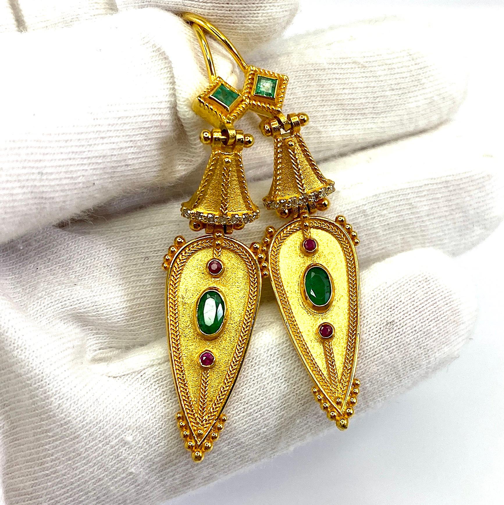Georgios Collections 18 Karat Yellow Gold Emerald Diamond and Ruby Drop Earrings In New Condition For Sale In Astoria, NY