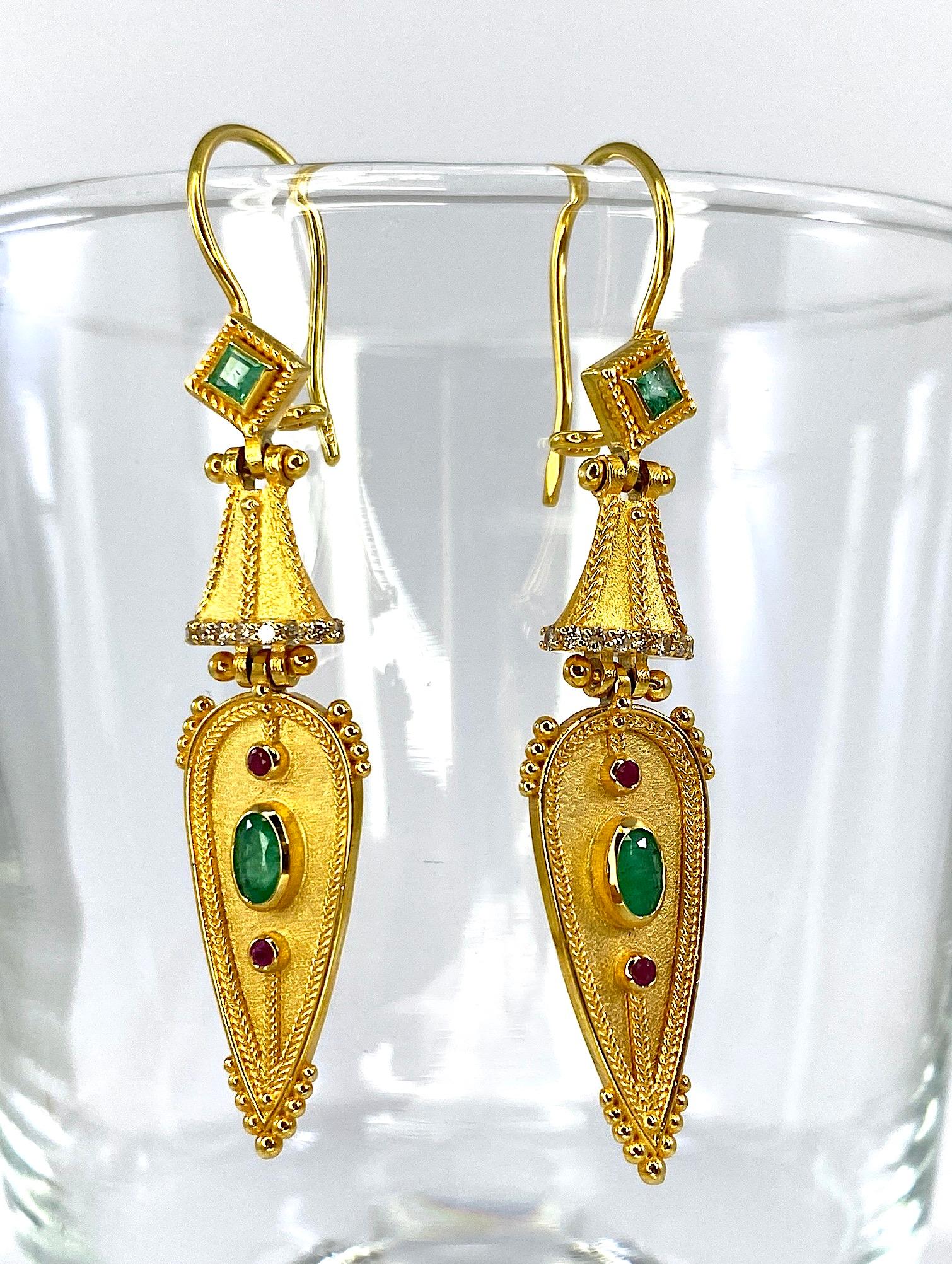 Georgios Collections 18 Karat Yellow Gold Emerald Diamond and Ruby Drop Earrings For Sale 2