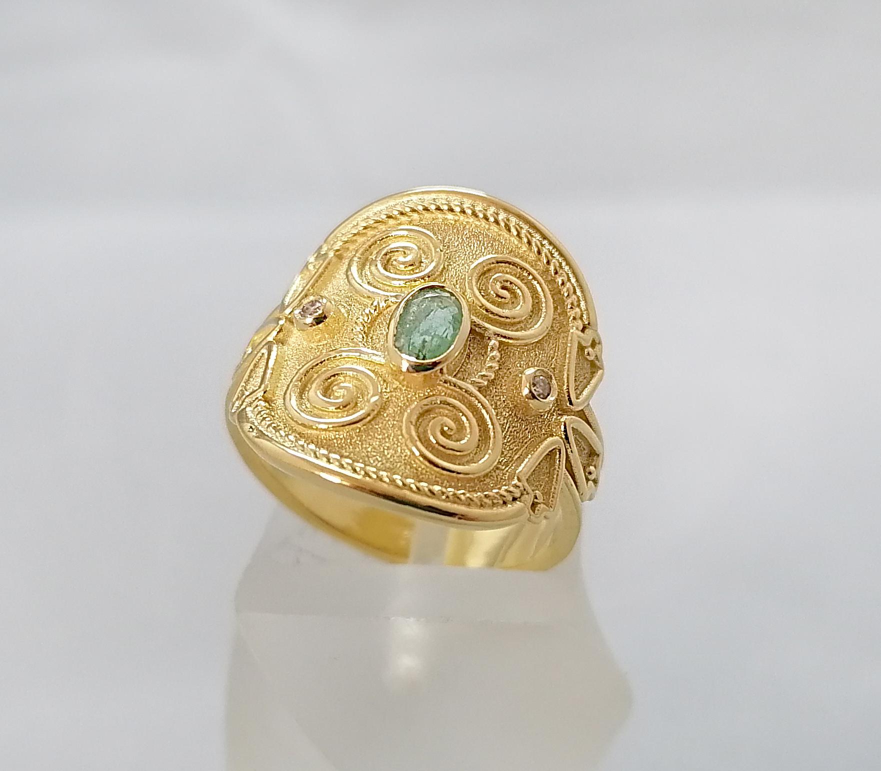 Byzantin Georgios Collections Bague jonc byzantine en or jaune 18 carats avec émeraudes et diamants en vente