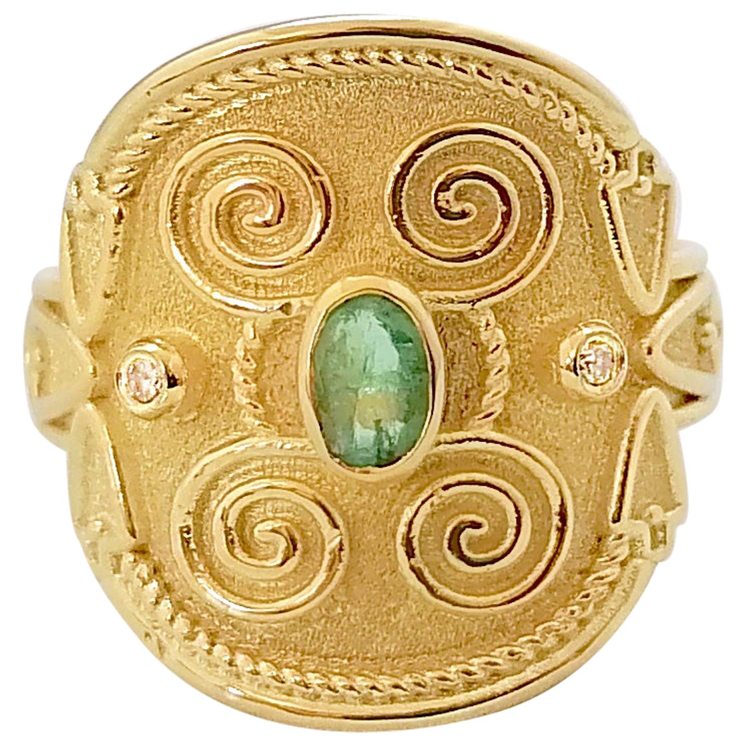 Georgios Collections 18 Karat Yellow Gold Emerald Diamond Byzantine Band Ring