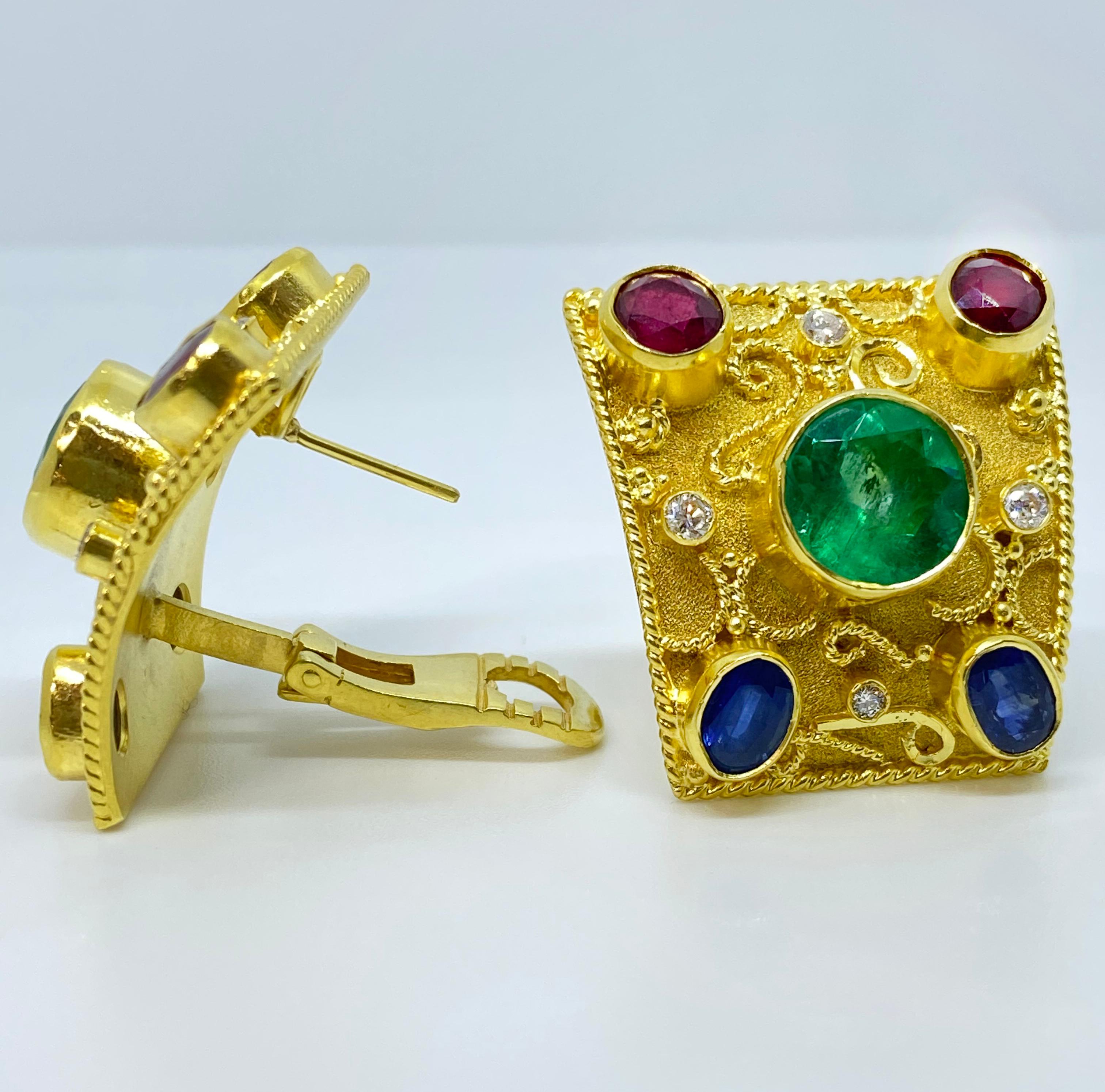 Georgios Collections 18 Karat Yellow Gold Emerald Diamond Ruby Sapphire Earrings For Sale 9