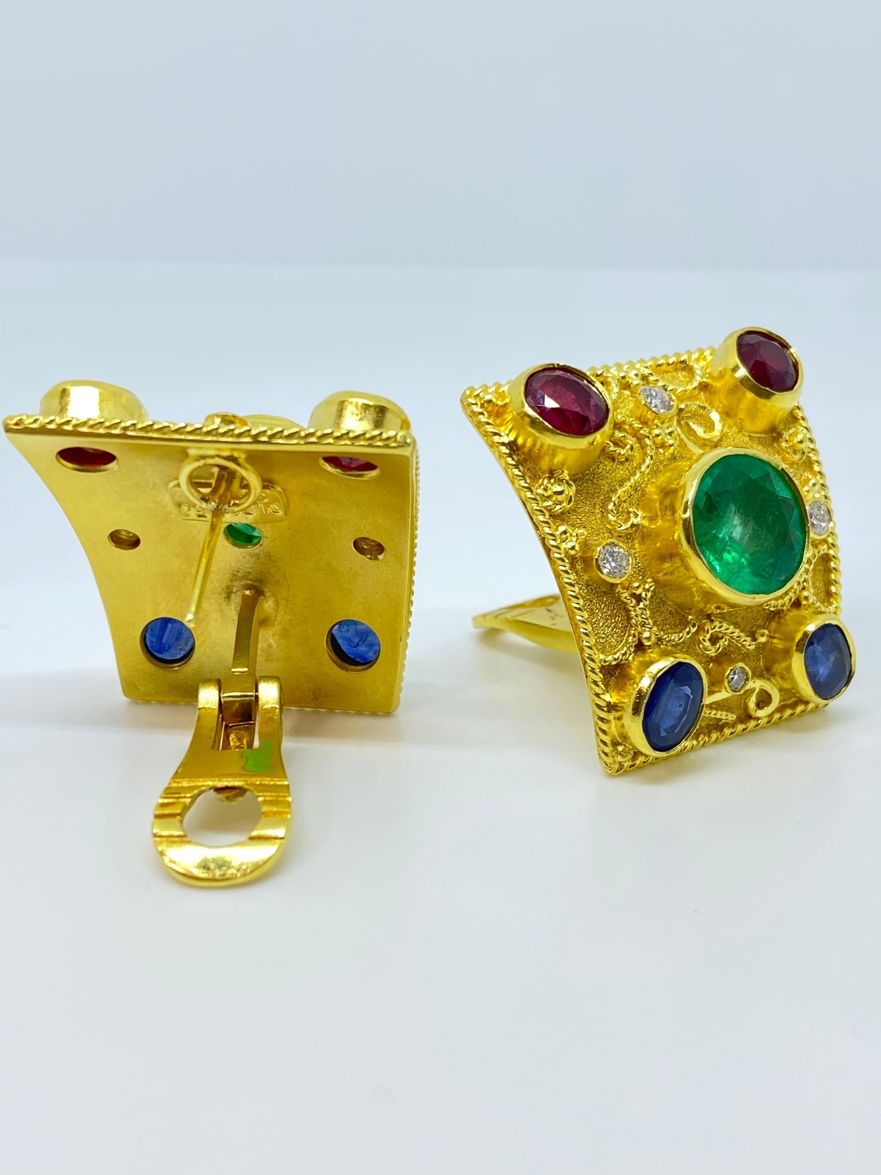 Byzantine Georgios Collections 18 Karat Yellow Gold Emerald Diamond Ruby Sapphire Earrings For Sale