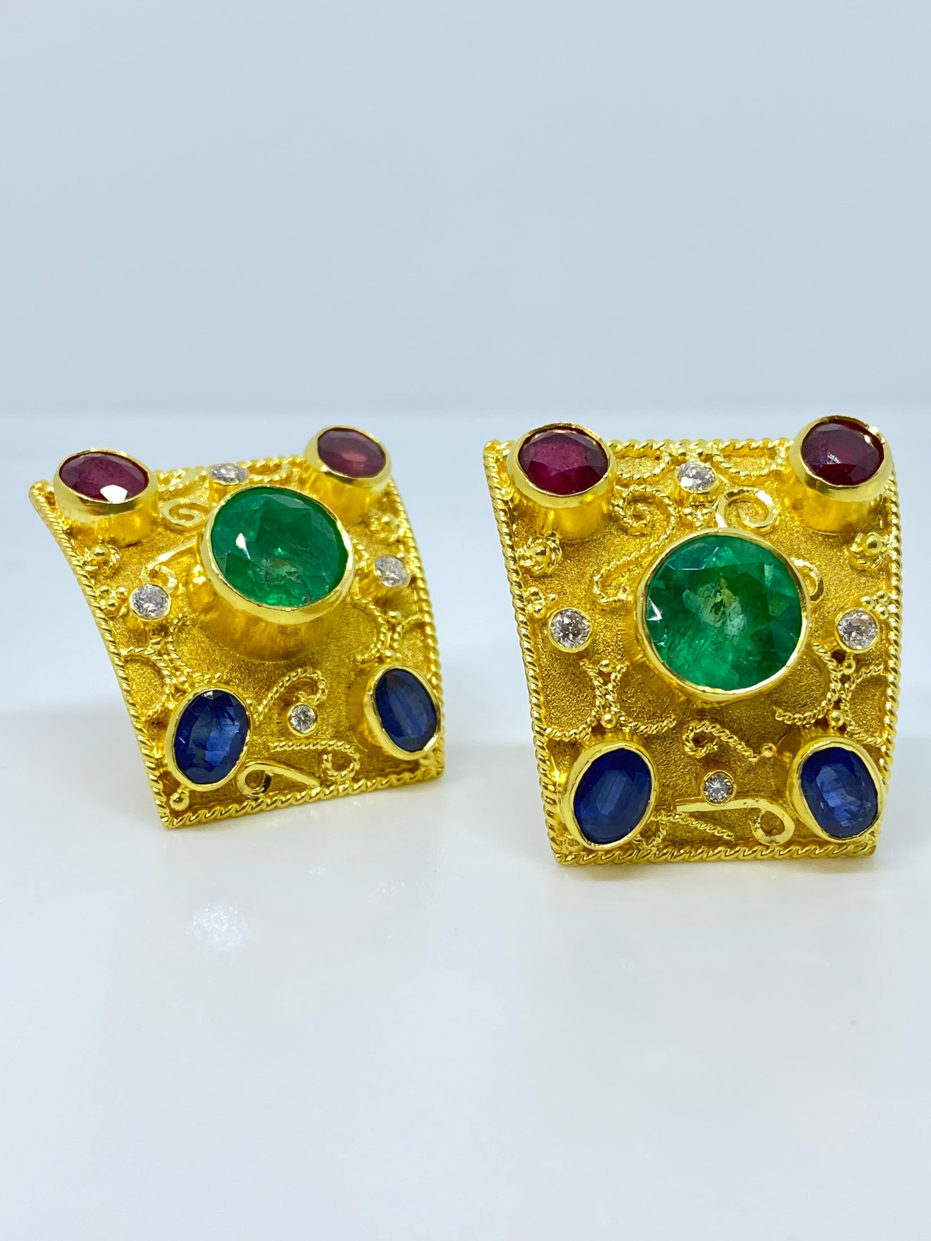 Georgios Collections 18 Karat Yellow Gold Emerald Diamond Ruby Sapphire Earrings In New Condition For Sale In Astoria, NY