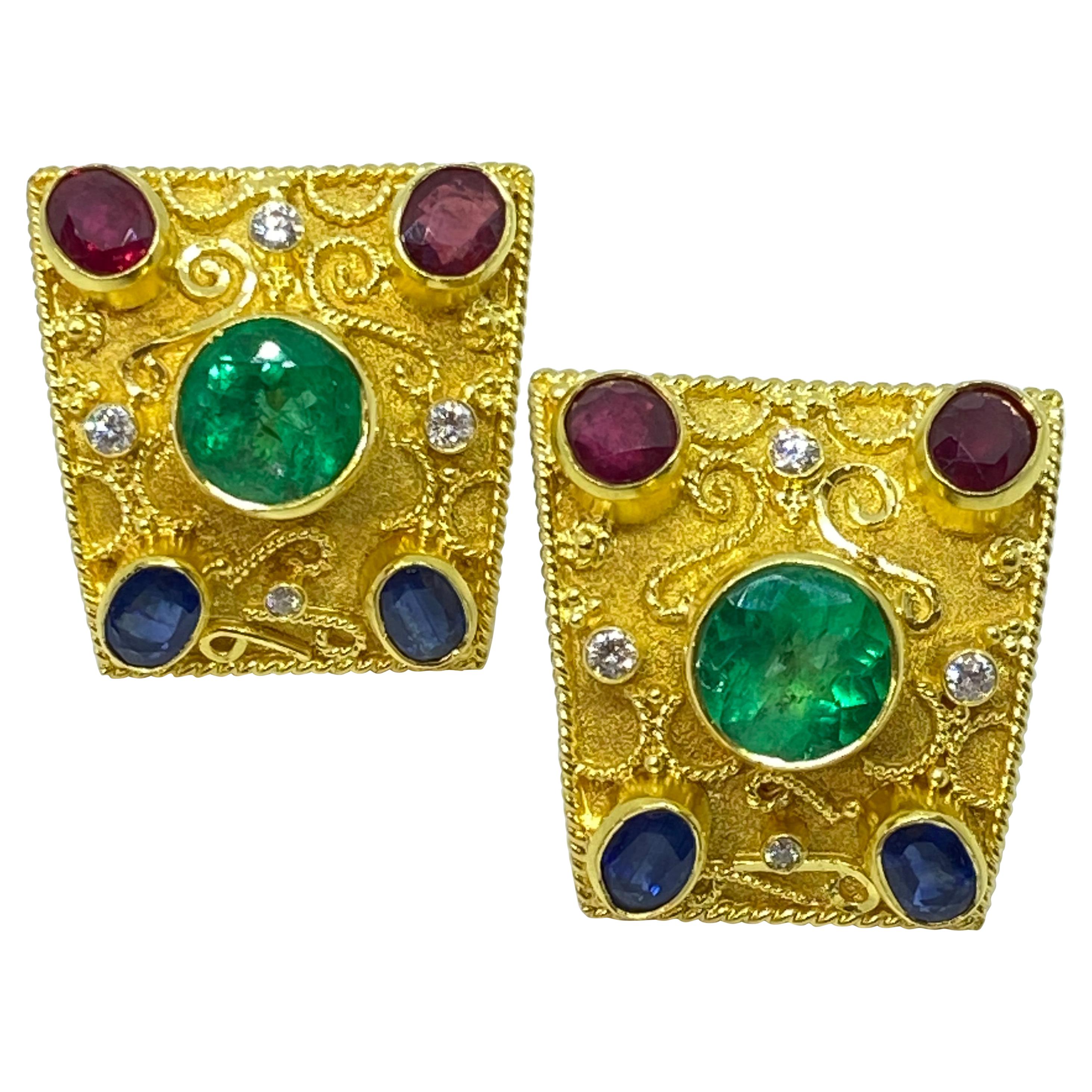 Georgios Collections 18 Karat Yellow Gold Emerald Diamond Ruby Sapphire Earrings For Sale