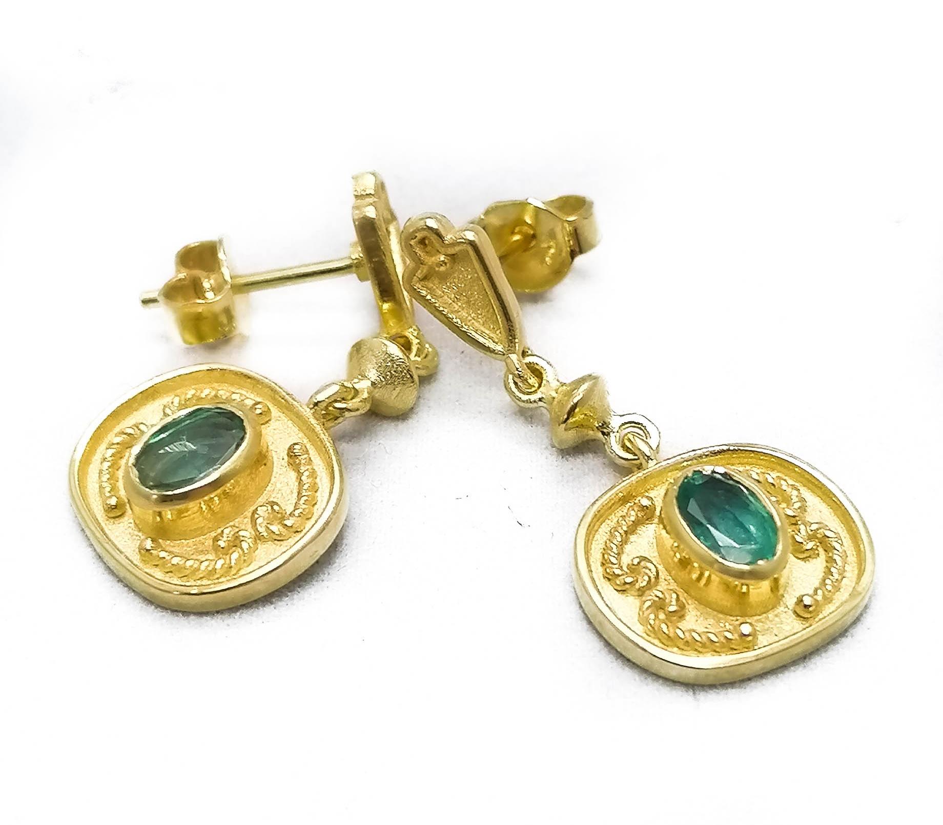 Georgios Collections 18 Karat Yellow Gold Emerald Etruscan-Style Drop Earrings For Sale 4