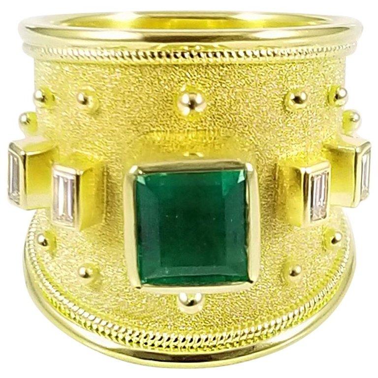 Women's Georgios Collections 18 Karat Yellow Gold Emerald Ring and Emerald Cut Diamonds For Sale