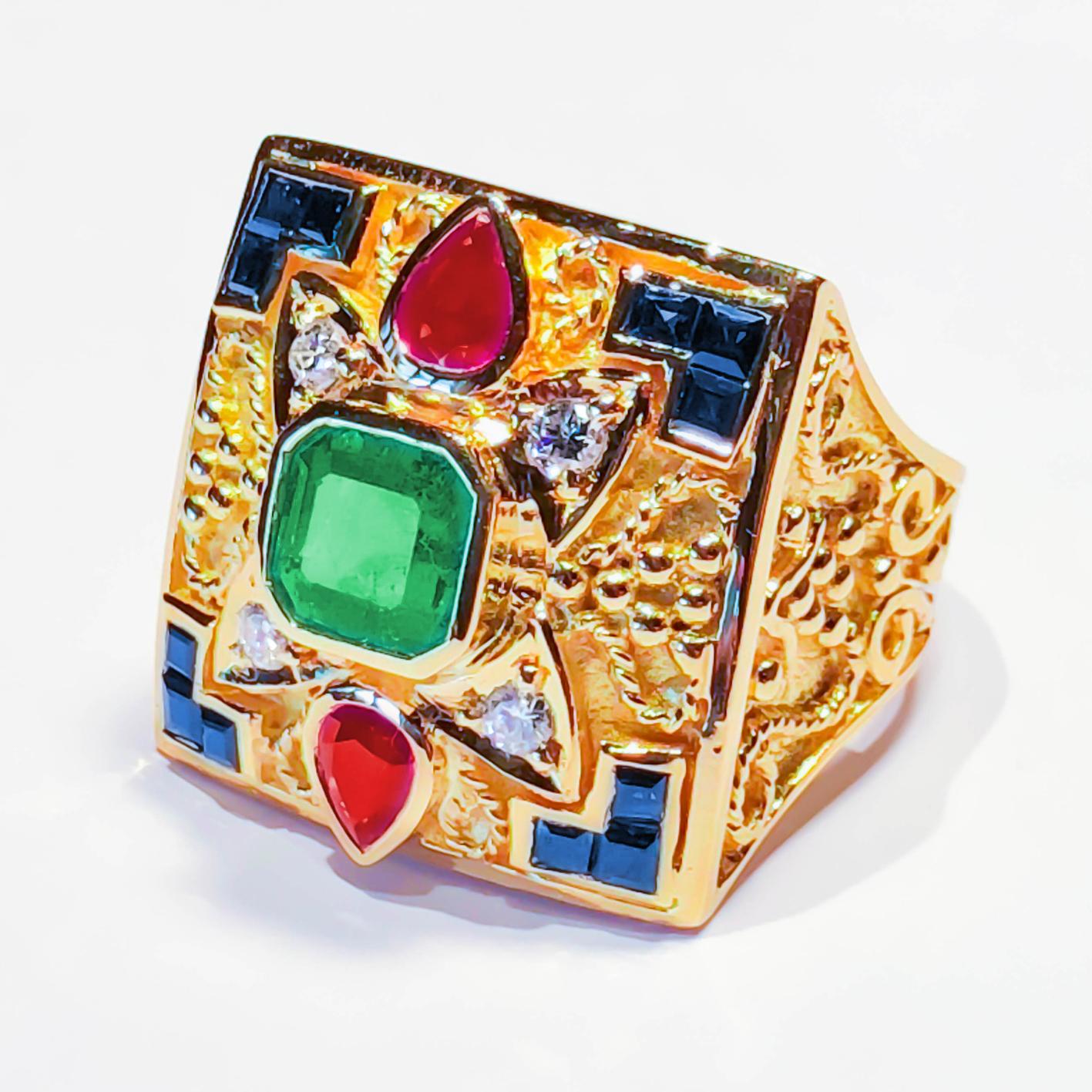 S.Georgios design Ring handmade from solid 18 Karat Yellow Gold all custom-made. The gorgeous ring is decorated with gold wires and beads and has Granulated details contrast with a Byzantine velvet background finish. It features brilliant cut