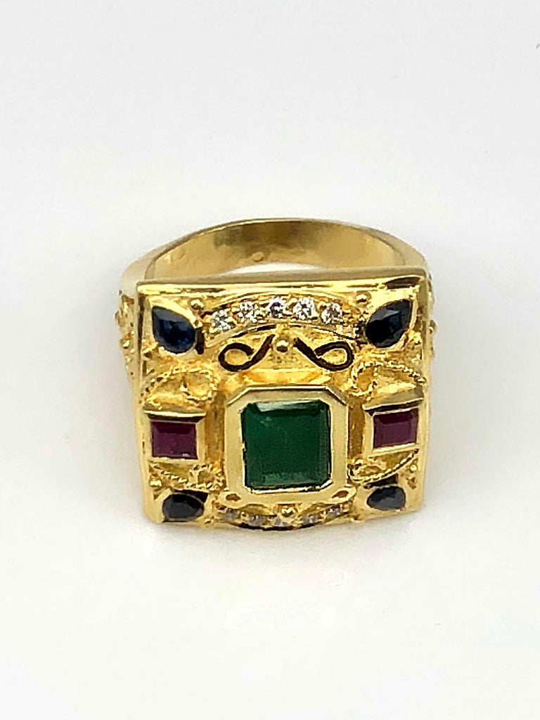 Georgios Collections 18 Karat Yellow Gold Emerald Sapphires Rubies Wide Ring In New Condition For Sale In Astoria, NY