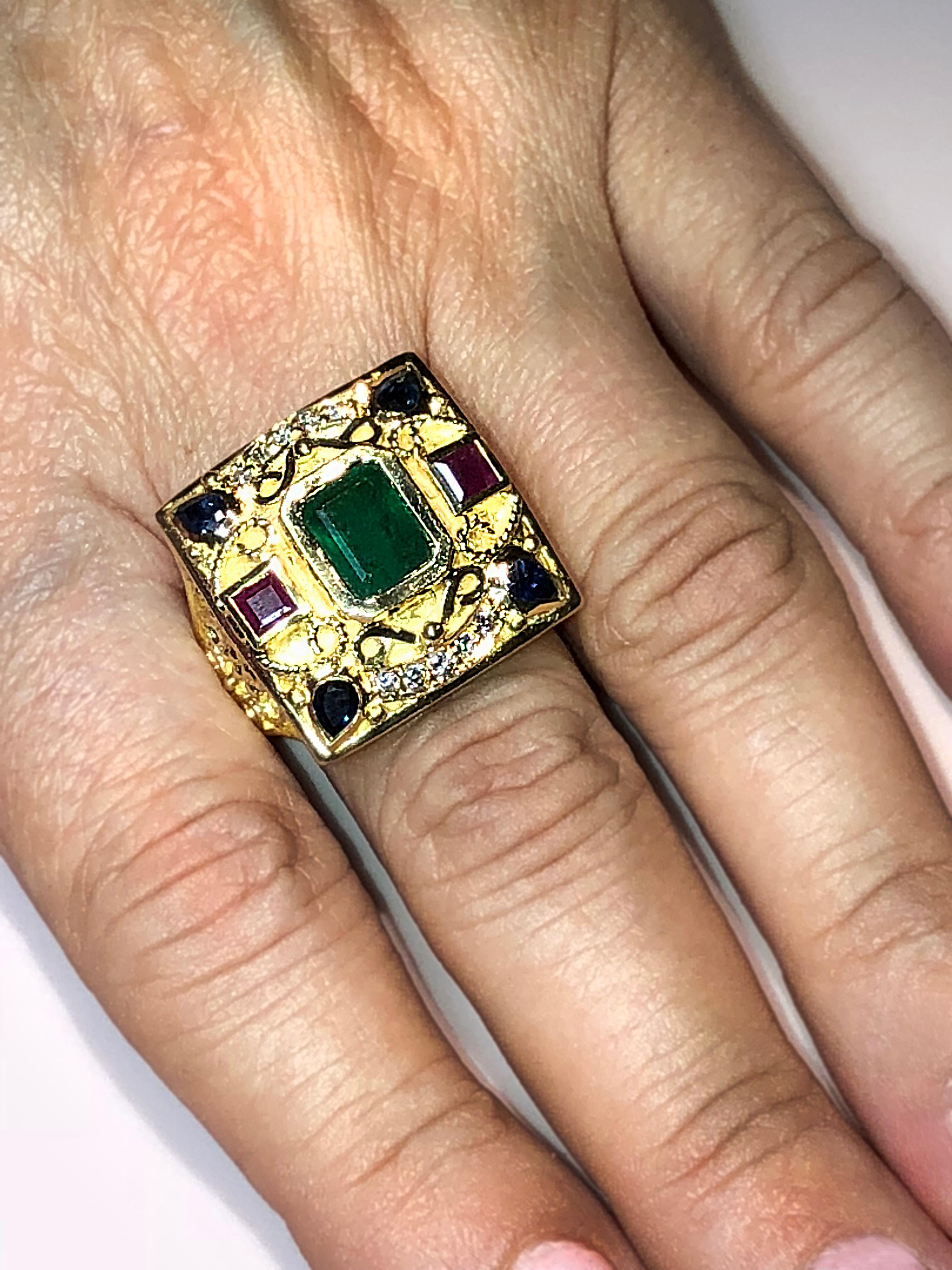 Emerald Cut Georgios Collections 18 Karat Yellow Gold Emerald Sapphires Rubies Wide Ring For Sale