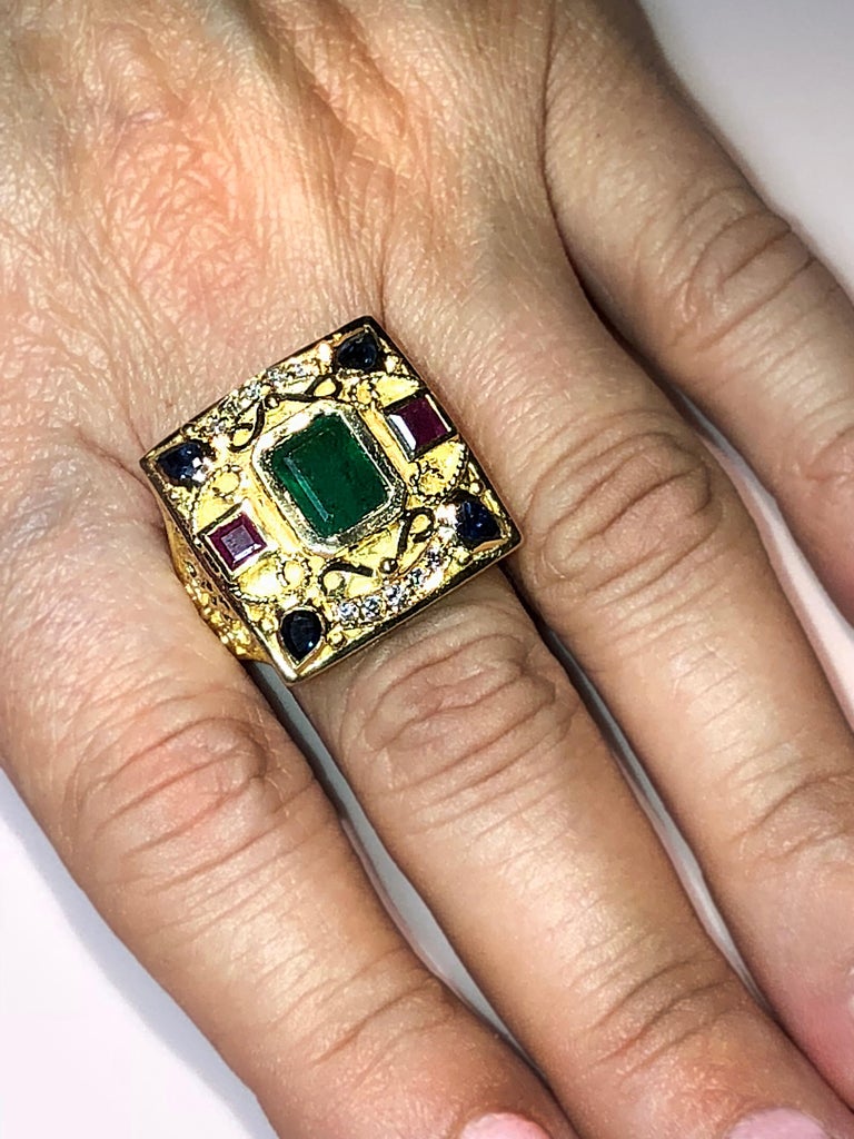 Emerald Cut Georgios Collections 18 Karat Yellow Gold Emerald Sapphires Rubies Wide Ring For Sale