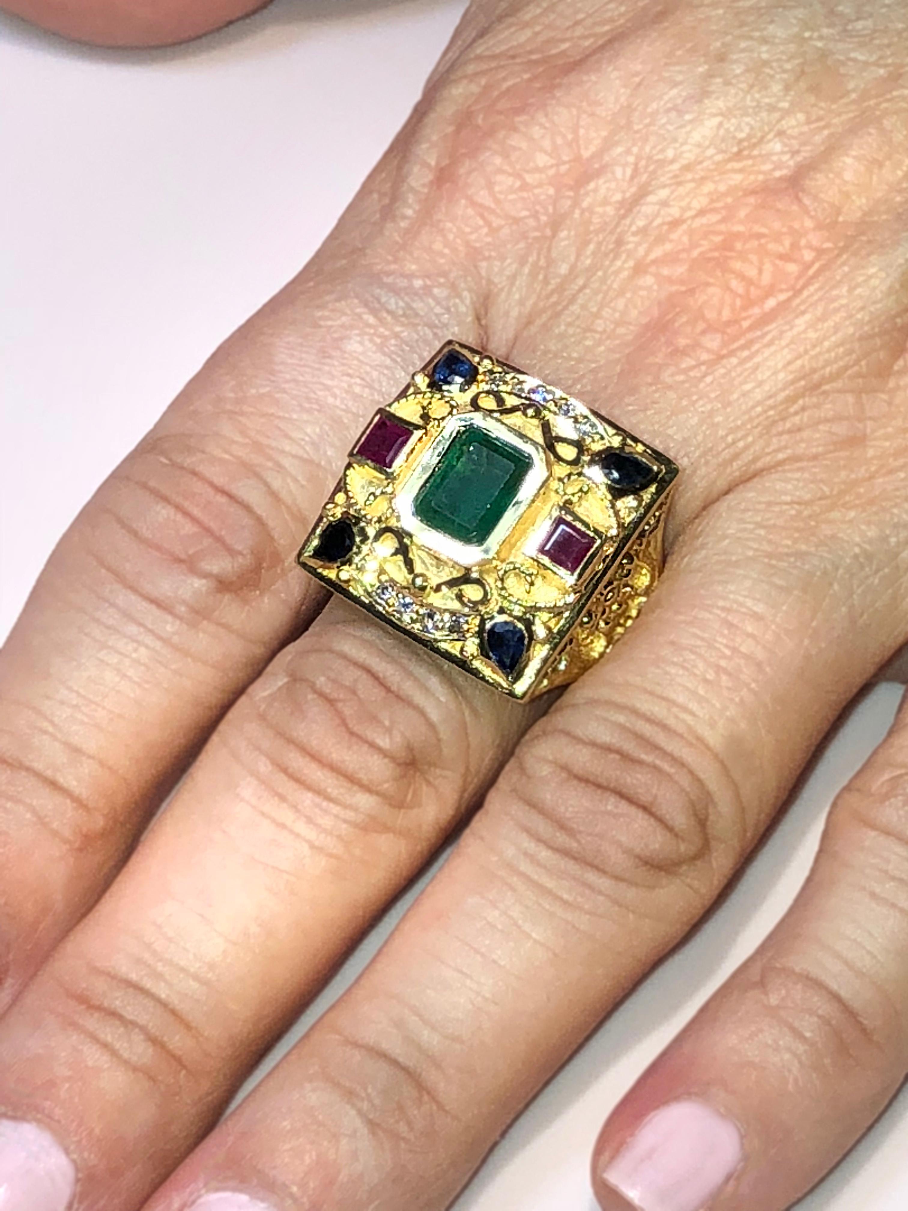 Women's or Men's Georgios Collections 18 Karat Yellow Gold Emerald Sapphires Rubies Wide Ring For Sale