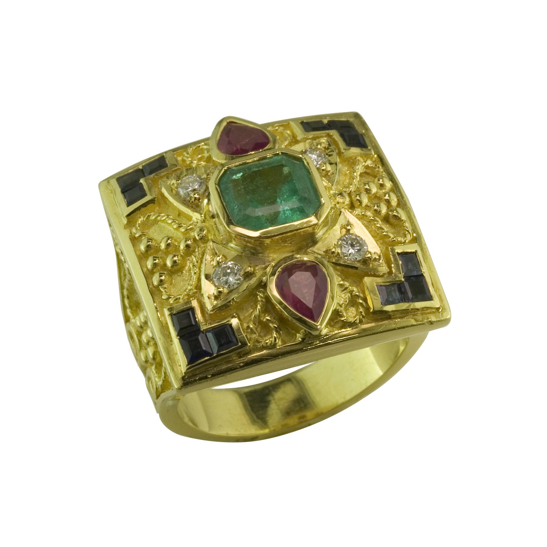 Emerald Cut Georgios Collections 18 Karat Yellow Gold Emerald Ring with Sapphires and Rubies For Sale