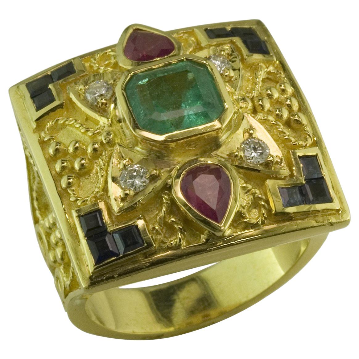 Georgios Collections Bague en or jaune 18 carats avec émeraude, saphirs et rubis