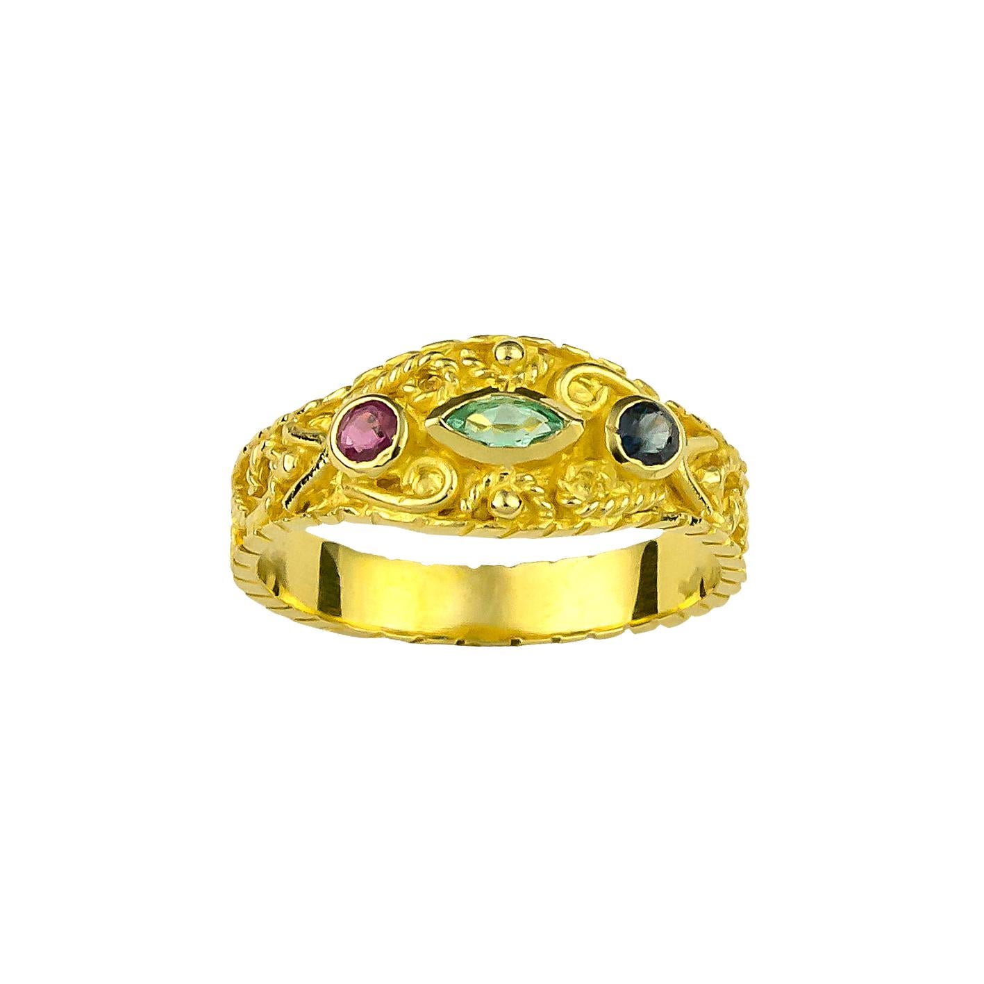 Georgios Collections 18 Karat Yellow Gold Emerald Ruby and Sapphire Band Ring For Sale 4